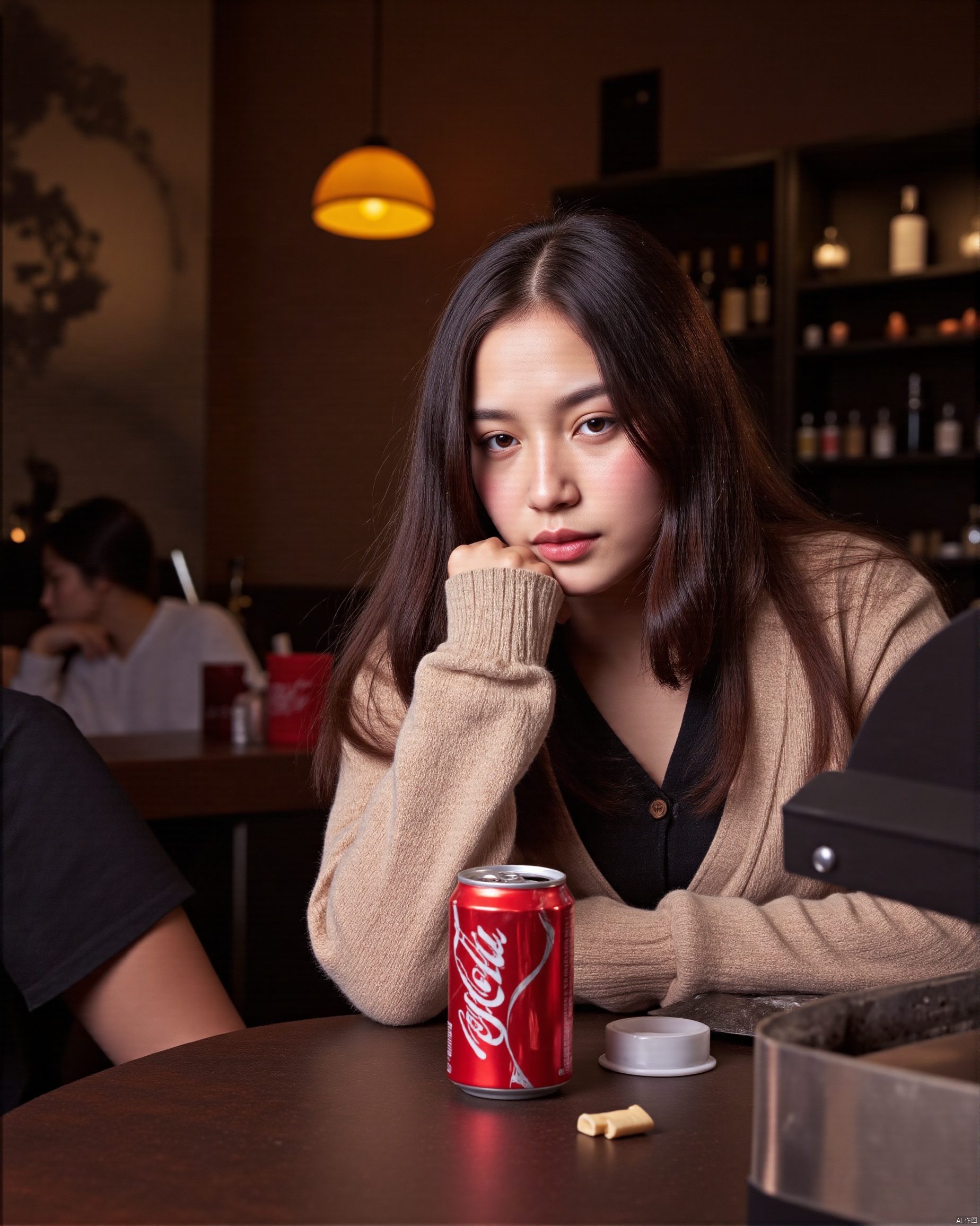 A photo with a sense of atmosphere, Close-up view of a young woman with long dark hair, resting her chin on her hand.  Here's a breakdown of the details: * **The Woman:** She appears to be of East Asian descent, with soft features and dark eyes. Her expression is somewhat pensive or thoughtful. She's wearing a light beige and brown plaid, possibly cardigan or jacket, that looks soft and slightly oversized. Her makeup is subtle, if any. * **The Setting:** The background is blurry but suggests a dimly lit indoor setting, possibly a bar or restaurant. There are shelves with bottles (possibly alcohol) and other items visible in the background, adding to the atmosphere of a cozy, perhaps slightly vintage establishment. Other people are visible in the background but are out of focus. The lighting is moody and atmospheric, with warm and cool tones mixing. A yellow lampshade is partially visible in the upper right corner. A metal contraption, possibly a coffee maker or similar appliance, is partially visible in the bottom right corner. * **Objects in the Foreground:** In the immediate foreground, a can of Coca-Cola (Korean labeling is visible) sits on a dark surface. Part of a glass or cup is also seen in front of the woman, slightly out of focus. A small, red cup is partially visible to the right of the Coca-Cola can. * **Overall Mood:** The overall mood is intimate,AAN.,REFINEDBEAUTY_DA