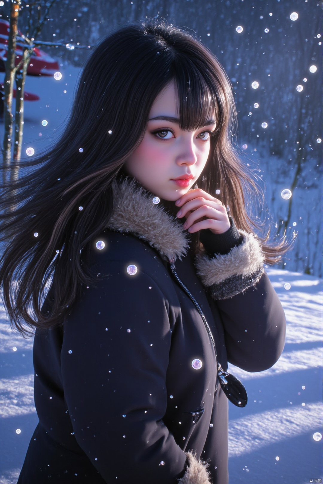 masterpiece, best quality, amazing quality, absurdres, newest, very awa,Shi1ro_vo1d_illu,1girl, solo, black hair, parted lips, long hair, bangs, floating hair, portrait, black eyes, snow, detailed winter-themed background, snowflakes, icy mist, serene expression, glowing eyes, intricate hair strands, cold breath, fur-trimmed winter coat, wind-swept hair, soft blush, ambient lighting, snow-covered ground, delicate snowfall, ethereal glow, dark jacket, high contrast, soft focus, scenic atmosphere, pale skin, frosted trees, snow sparkles, cinematic composition
,  ,glitch_art,blurry,COLORFUL FLS STYLE SPLASH,,VIBRANT FLS STYLE SPLATTER,
