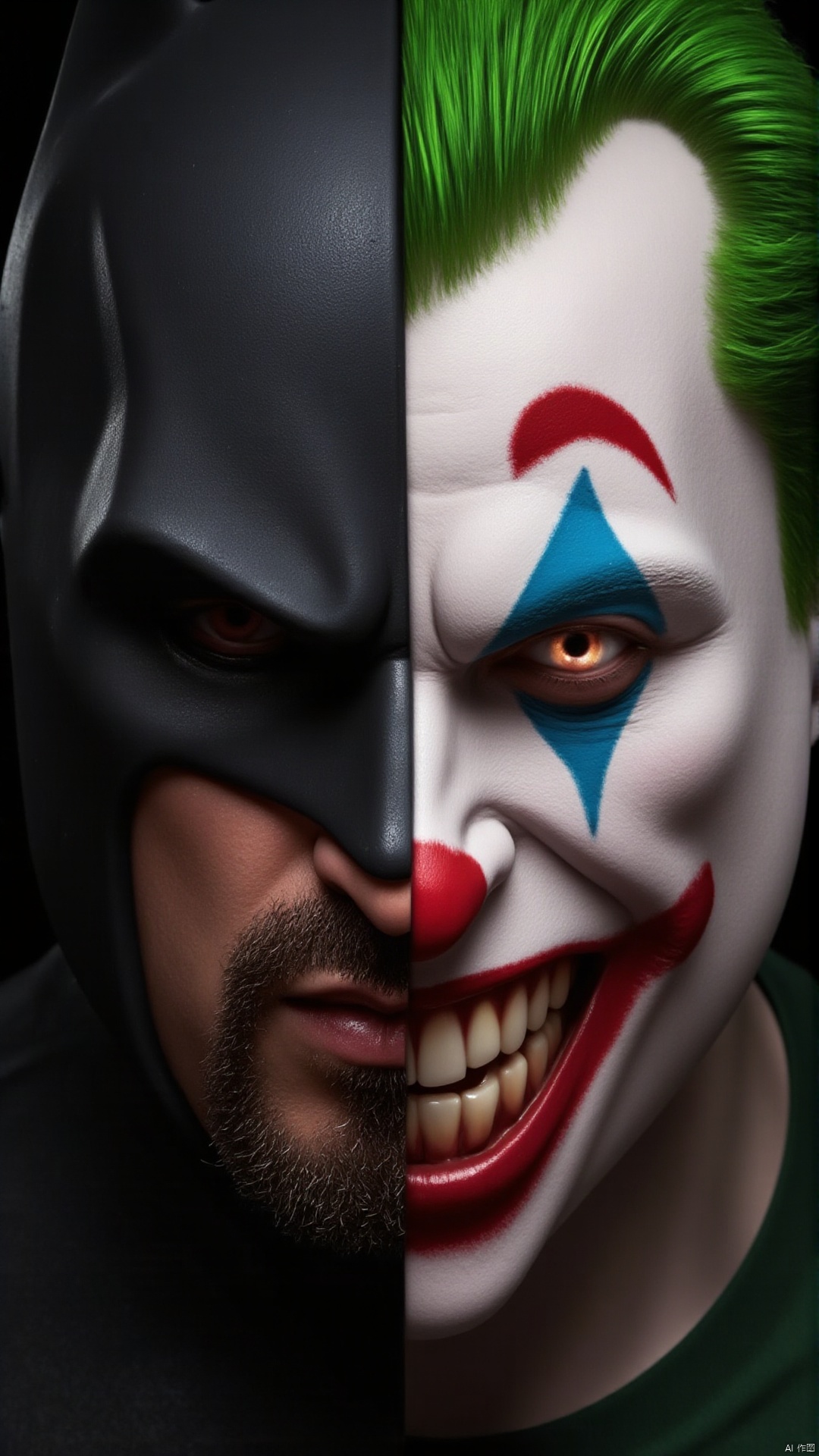 This is a highly detailed, realistic digital painting depicting a rugged man, half pale man, sinister clown. his left side is Batman, bat mask angry man, on the right side, he is the joker, clown sinister face shows,