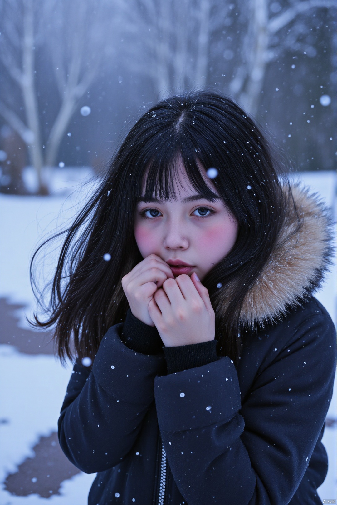 masterpiece, best quality, amazing quality, absurdres, newest, very awa,Shi1ro_vo1d_illu,1girl, solo, black hair, parted lips, long hair, bangs, floating hair, portrait, black eyes, snow, detailed winter-themed background, snowflakes, icy mist, serene expression, glowing eyes, intricate hair strands, cold breath, fur-trimmed winter coat, wind-swept hair, soft blush, ambient lighting, snow-covered ground, delicate snowfall, ethereal glow, dark jacket, high contrast, soft focus, scenic atmosphere, pale skin, frosted trees, snow sparkles, cinematic composition
,  ,glitch_art,blurry,COLORFUL FLS STYLE SPLASH,,VIBRANT FLS STYLE SPLATTER,