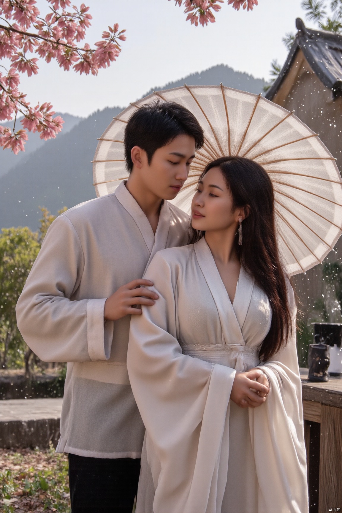 A serene couple's moment: a man and woman, dressed in hanfu, stand together under the gentle drizzle, holding a West Lake Silk Umbrella. The man's arm wraps around the woman's waist, as she gazes up at him with a soft smile. They're surrounded by the tranquil Apricot forest, where pink and white petals cling to the trees, glistening with cold dew. In the distance, the majestic mountains rise, their peaks hidden in the misty haze. Soft, crisp light emanates from the smoke-filled cage, casting a warm glow on the scene. The focus is sharp, with intricate details and textures visible even at 32K UHD resolution.,AAN.