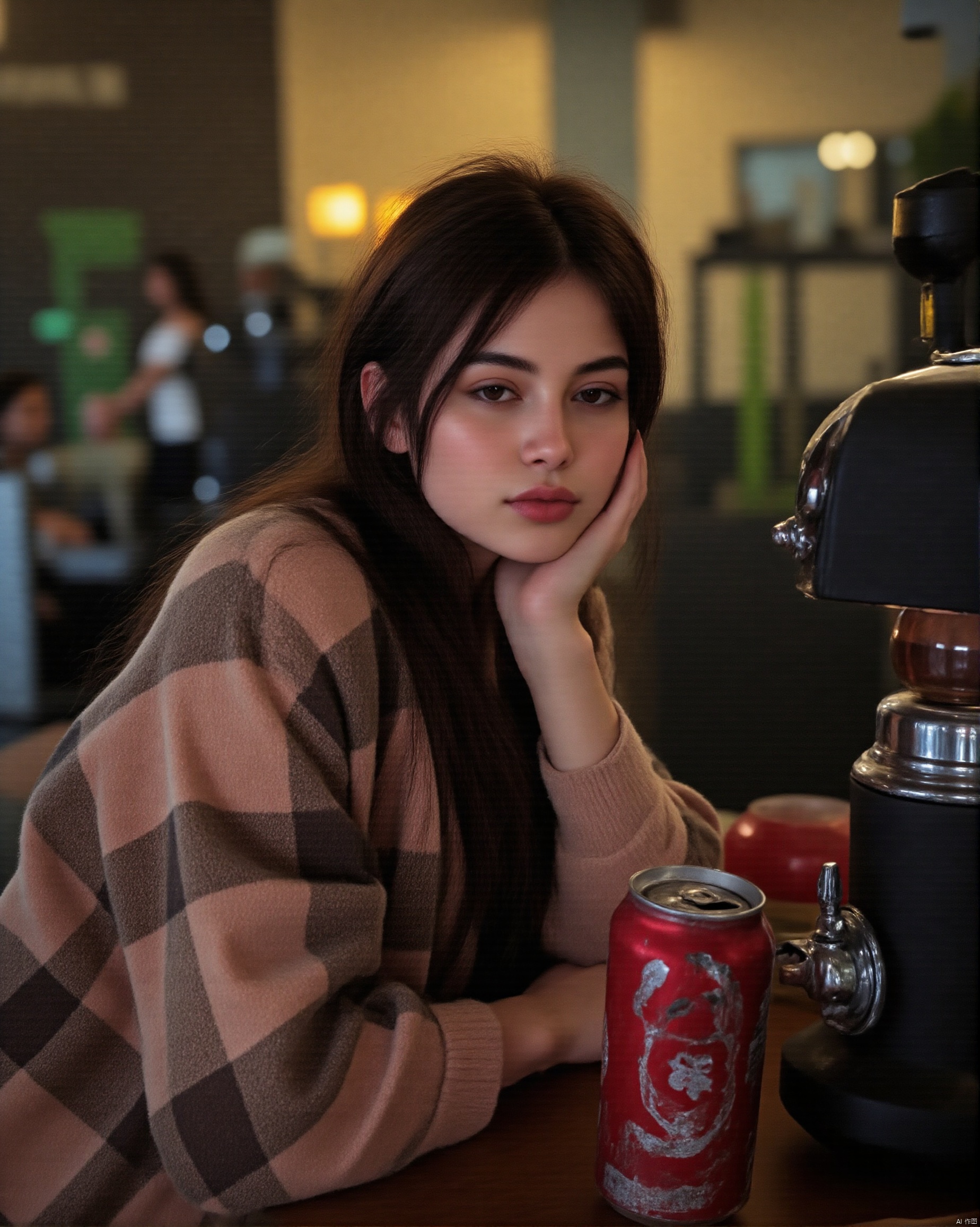 A photo with a sense of atmosphere, Close-up view of a young woman with long dark hair, resting her chin on her hand.  Here's a breakdown of the details: * **The Woman:** She appears to be of East Asian descent, with soft features and dark eyes. Her expression is somewhat pensive or thoughtful. She's wearing a light beige and brown plaid, possibly cardigan or jacket, that looks soft and slightly oversized. Her makeup is subtle, if any. * **The Setting:** The background is blurry but suggests a dimly lit indoor setting, possibly a bar or restaurant. There are shelves with bottles (possibly alcohol) and other items visible in the background, adding to the atmosphere of a cozy, perhaps slightly vintage establishment. Other people are visible in the background but are out of focus. The lighting is moody and atmospheric, with warm and cool tones mixing. A yellow lampshade is partially visible in the upper right corner. A metal contraption, possibly a coffee maker or similar appliance, is partially visible in the bottom right corner. * **Objects in the Foreground:** In the immediate foreground, a can of Coca-Cola (Korean labeling is visible) sits on a dark surface. Part of a glass or cup is also seen in front of the woman, slightly out of focus. A small, red cup is partially visible to the right of the Coca-Cola can. * **Overall Mood:** The overall mood is intimate,AAN.,REFINEDBEAUTY_DA