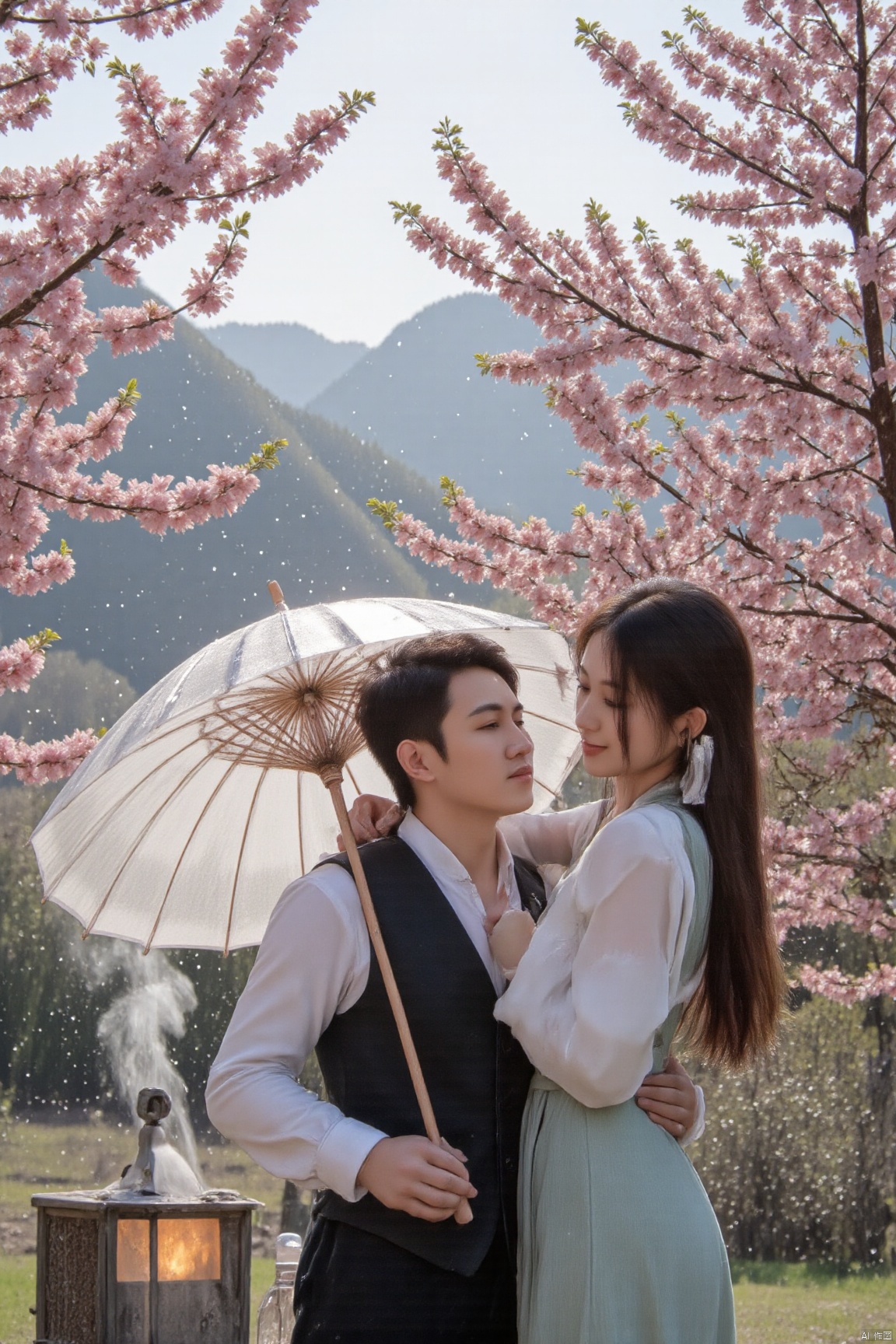 A serene couple's moment: a man and woman, dressed in hanfu, stand together under the gentle drizzle, holding a West Lake Silk Umbrella. The man's arm wraps around the woman's waist, as she gazes up at him with a soft smile. They're surrounded by the tranquil Apricot forest, where pink and white petals cling to the trees, glistening with cold dew. In the distance, the majestic mountains rise, their peaks hidden in the misty haze. Soft, crisp light emanates from the smoke-filled cage, casting a warm glow on the scene. The focus is sharp, with intricate details and textures visible even at 32K UHD resolution.,AAN.