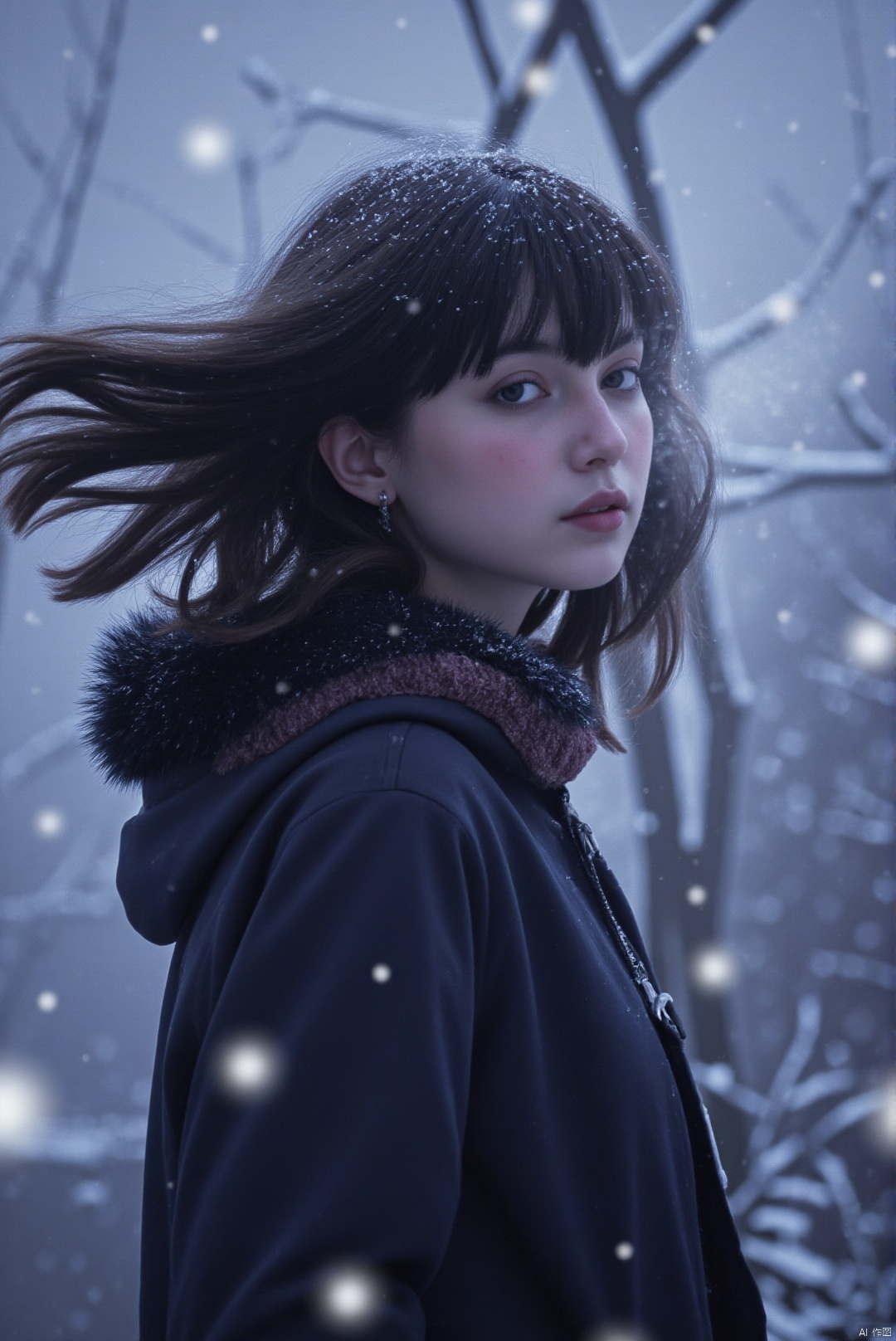 masterpiece, best quality, amazing quality, absurdres, newest, very awa,Shi1ro_vo1d_illu,1girl, solo, black hair, parted lips, long hair, bangs, floating hair, portrait, black eyes, snow, detailed winter-themed background, snowflakes, icy mist, serene expression, glowing eyes, intricate hair strands, cold breath, fur-trimmed winter coat, wind-swept hair, soft blush, ambient lighting, snow-covered ground, delicate snowfall, ethereal glow, dark jacket, high contrast, soft focus, scenic atmosphere, pale skin, frosted trees, snow sparkles, cinematic composition
,  ,glitch_art,blurry