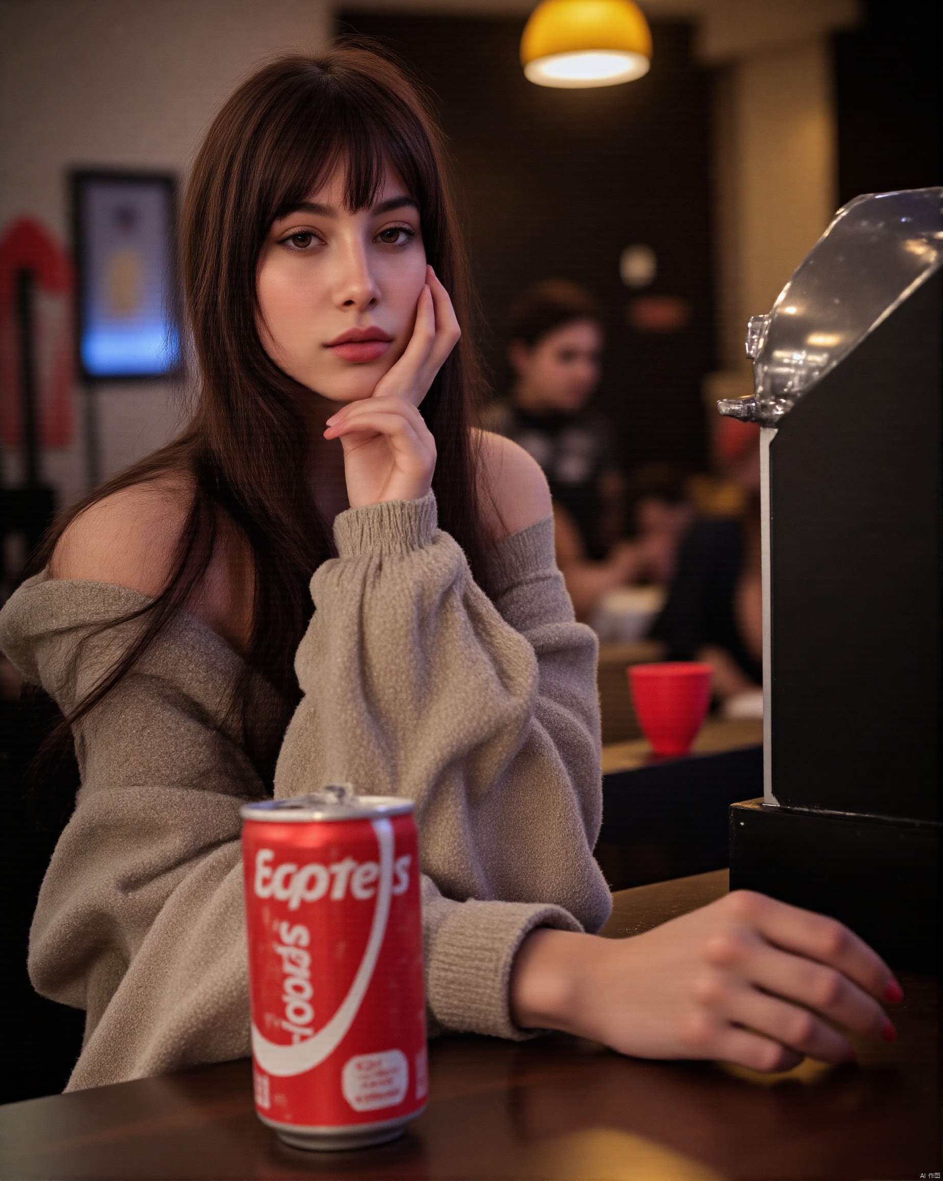 A photo with a sense of atmosphere, Close-up view of a young woman with long dark hair, resting her chin on her hand.  Here's a breakdown of the details: * **The Woman:** She appears to be of East Asian descent, with soft features and dark eyes. Her expression is somewhat pensive or thoughtful. She's wearing a light beige and brown plaid, possibly cardigan or jacket, that looks soft and slightly oversized. Her makeup is subtle, if any. * **The Setting:** The background is blurry but suggests a dimly lit indoor setting, possibly a bar or restaurant. There are shelves with bottles (possibly alcohol) and other items visible in the background, adding to the atmosphere of a cozy, perhaps slightly vintage establishment. Other people are visible in the background but are out of focus. The lighting is moody and atmospheric, with warm and cool tones mixing. A yellow lampshade is partially visible in the upper right corner. A metal contraption, possibly a coffee maker or similar appliance, is partially visible in the bottom right corner. * **Objects in the Foreground:** In the immediate foreground, a can of Coca-Cola (Korean labeling is visible) sits on a dark surface. Part of a glass or cup is also seen in front of the woman, slightly out of focus. A small, red cup is partially visible to the right of the Coca-Cola can. * **Overall Mood:** The overall mood is intimate,AAN.,REFINEDBEAUTY_DA