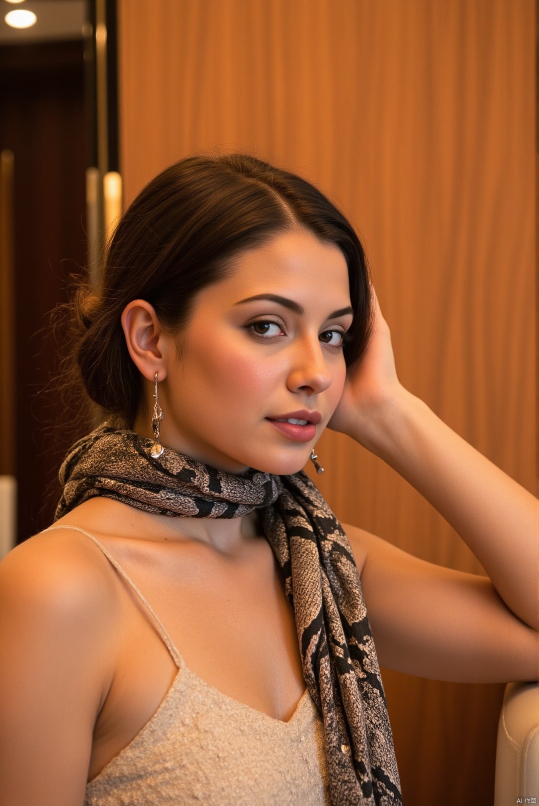 A close-up shot of a woman's neck, featuring a luxurious snake-skin scarf wrapped elegantly around her slender neck. The scarf's textured pattern catches the soft, golden light of a sophisticated boutique or upscale resort setting. Framed against a backdrop of rich wood tones or plush velvet, the subject exudes confidence and style as she gazes directly at the camera, her expression refined and poised.