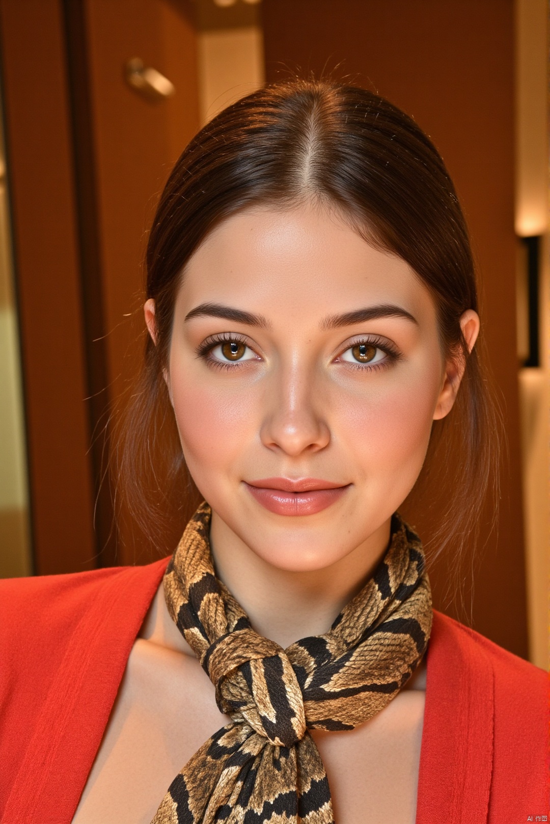 A close-up shot of a woman's neck, featuring a luxurious snake-skin scarf wrapped elegantly around her slender neck. The scarf's textured pattern catches the soft, golden light of a sophisticated boutique or upscale resort setting. Framed against a backdrop of rich wood tones or plush velvet, the subject exudes confidence and style as she gazes directly at the camera, her expression refined and poised.