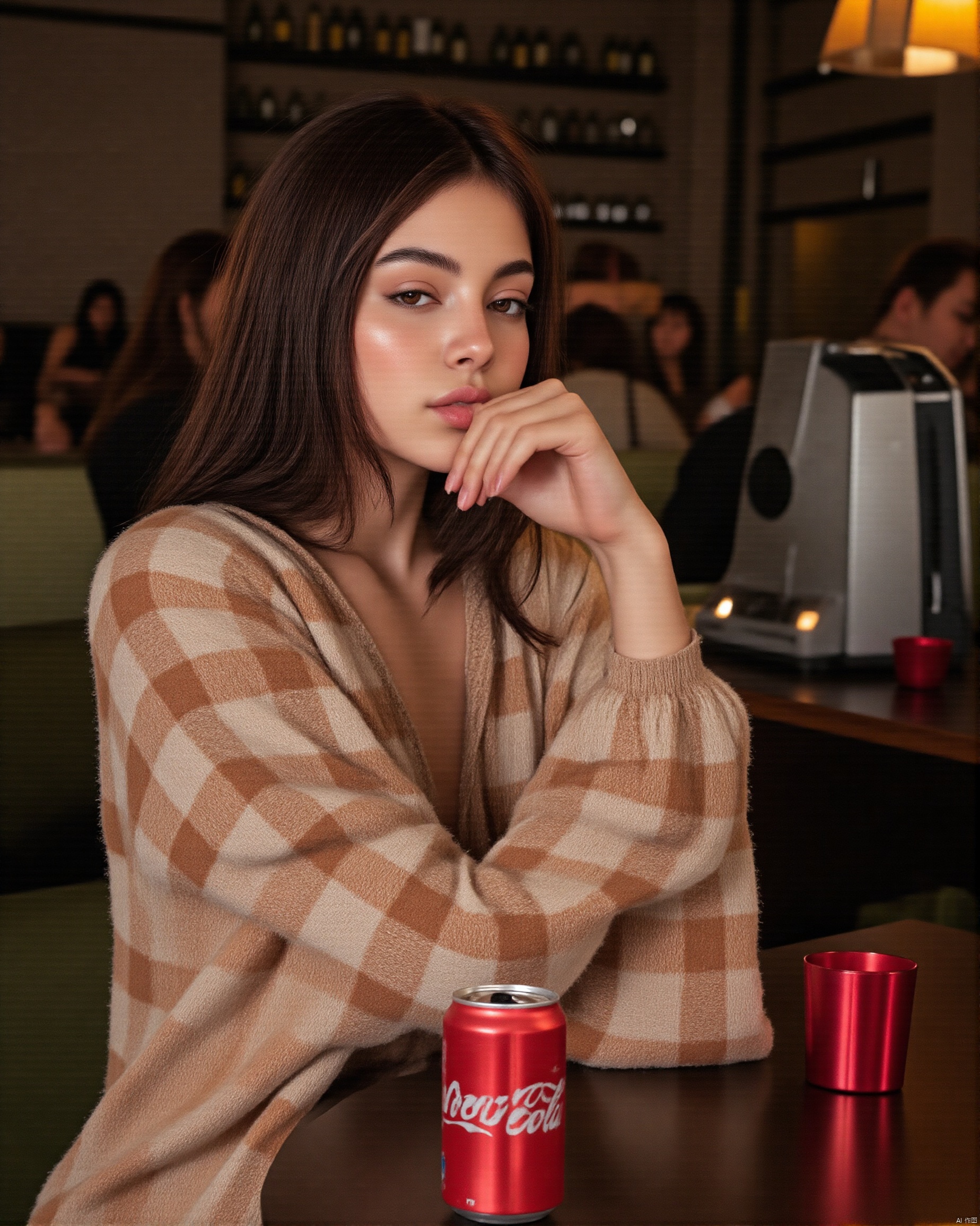 A photo with a sense of atmosphere, Close-up view of a young woman with long dark hair, resting her chin on her hand.  Here's a breakdown of the details: * **The Woman:** She appears to be of East Asian descent, with soft features and dark eyes. Her expression is somewhat pensive or thoughtful. She's wearing a light beige and brown plaid, possibly cardigan or jacket, that looks soft and slightly oversized. Her makeup is subtle, if any. * **The Setting:** The background is blurry but suggests a dimly lit indoor setting, possibly a bar or restaurant. There are shelves with bottles (possibly alcohol) and other items visible in the background, adding to the atmosphere of a cozy, perhaps slightly vintage establishment. Other people are visible in the background but are out of focus. The lighting is moody and atmospheric, with warm and cool tones mixing. A yellow lampshade is partially visible in the upper right corner. A metal contraption, possibly a coffee maker or similar appliance, is partially visible in the bottom right corner. * **Objects in the Foreground:** In the immediate foreground, a can of Coca-Cola (Korean labeling is visible) sits on a dark surface. Part of a glass or cup is also seen in front of the woman, slightly out of focus. A small, red cup is partially visible to the right of the Coca-Cola can. * **Overall Mood:** The overall mood is intimate,AAN.,REFINEDBEAUTY_DA