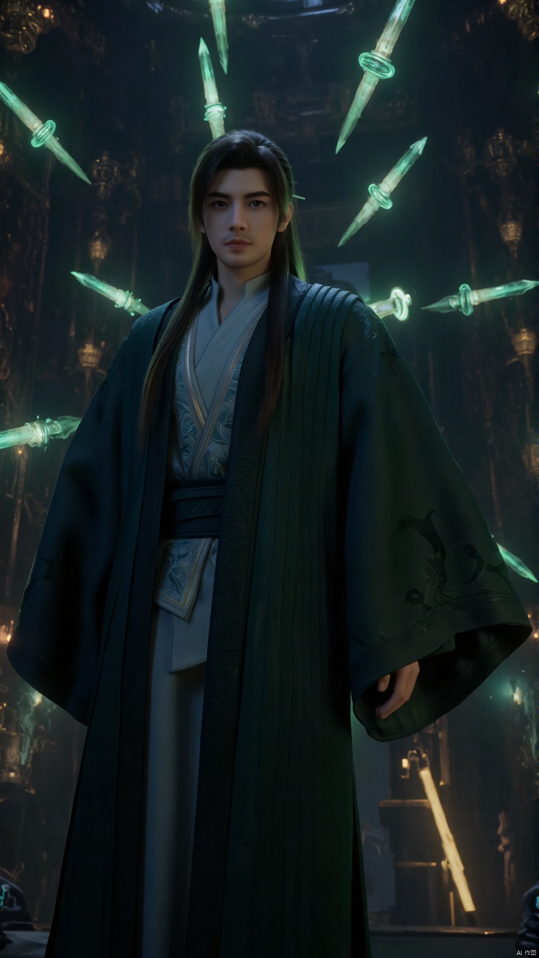 depicting a high-resolution CGI rendering of a young Asian man in a fantasy setting. The young man, with a determined expression, stands in a majestic, dimly lit room adorned with ornate, metallic fixtures and glowing green accents. He has a lean physique and short, dark hair. His attire consists of a flowing, dark green robe with intricate gold patterns, complemented by a white, form-fitting undergarment. The robe's texture appears soft and silky, with a hint of shimmering gold threads woven into its fabric. His face is partially obscured by the robe's hood, but his gaze is intense and focused, suggesting a sense of purpose or urgency. The background features towering, angular structures and a series of sharp, green-tinted blades suspended in mid-air, adding a sense of mysticism and danger to the scene. The overall atmosphere is dark and brooding, with a sense of ancient, otherworldly power. The lighting is soft and diffused, creating a moody, ethereal ambiance that enhances the surreal and fantastical nature of the image.