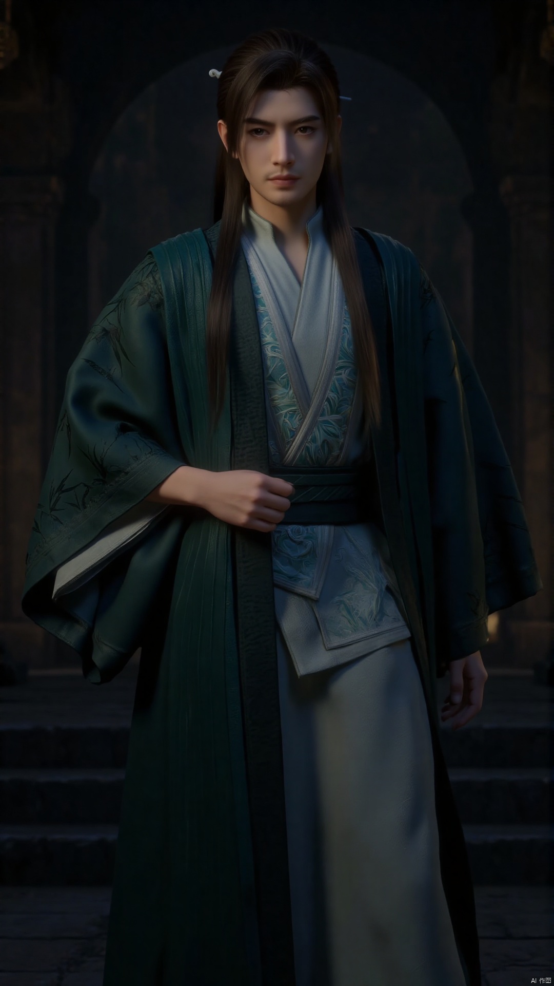 featuring a detailed CGI rendering of a young man in traditional East Asian attire. The man stands confidently, with a serene expression, against a dimly lit, ancient stone backdrop. His long, straight, dark brown hair cascades past his shoulders, framing his face. He wears a voluminous, teal-colored robe with intricate, embroidered bamboo patterns on the sleeves and a wide, ornate sash tied around his waist, accentuating his slender physique. The robe's fabric appears to be made of a fine, silk-like material, with a smooth, glossy texture. His attire is complemented by a white, intricately woven undergarment visible at the neckline. The man's eyes are dark and piercing, with a hint of mystery. The background suggests an ancient, possibly temple-like structure, with dimly lit, arched stone walls and steps leading into the distance, adding a sense of historical grandeur. The overall mood is one of tranquility and timelessness, with the man's presence dominating the scene.
