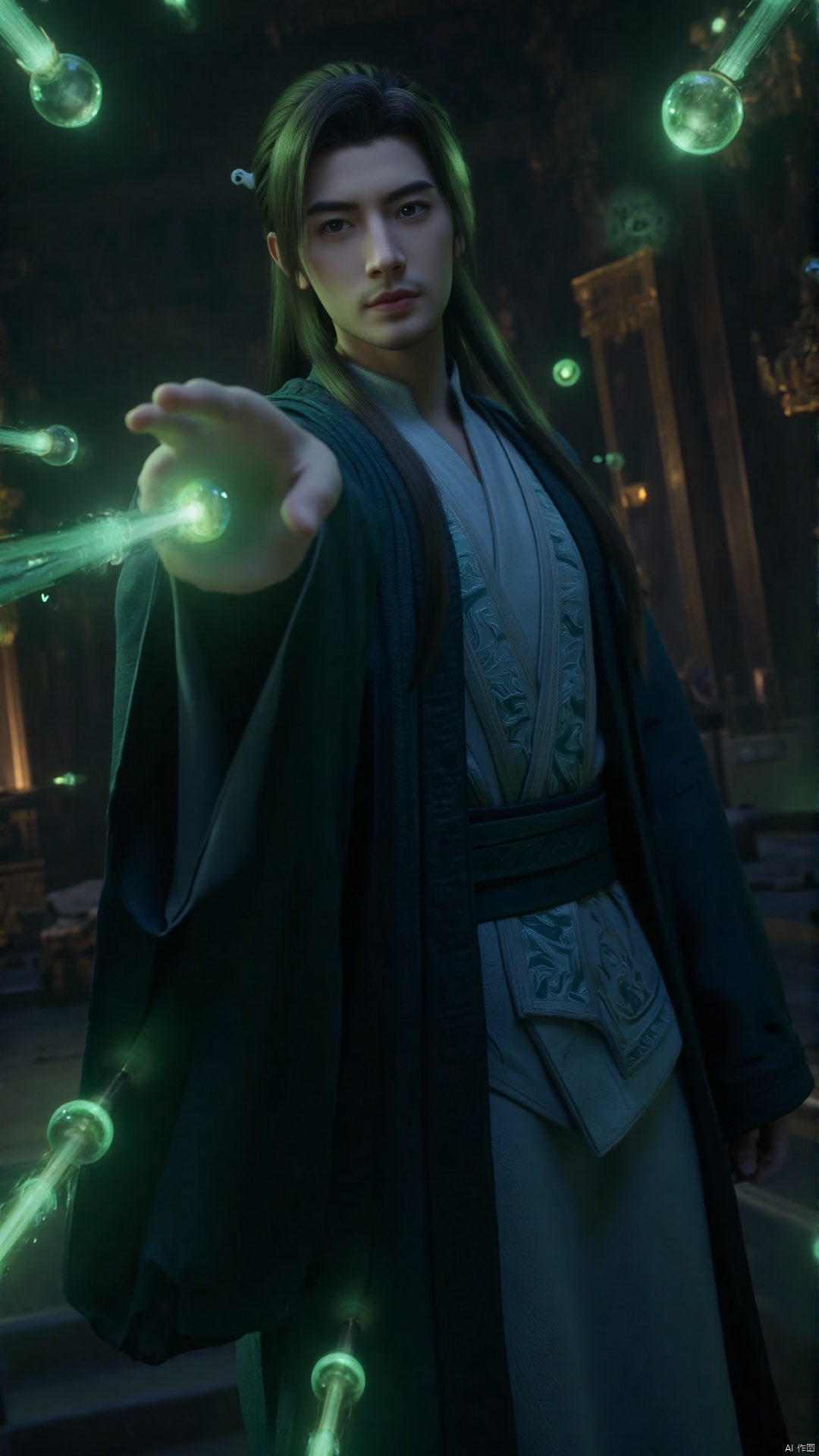 of a CGI-rendered scene from an online game. This image features a young Asian man with long, dark hair and an intense, focused expression. He stands in a majestic, ancient setting, possibly a temple or palace, with dimly lit, ornate pillars and columns in the background. The man is dressed in a traditional Chinese robe with intricate, flowing designs in shades of blue and white. His right hand is extended towards the viewer, emitting a glowing green orb, indicating he is casting a spell or performing a magical action. Surrounding him are floating, ethereal green lights and orbs, adding a mystical, otherworldly atmosphere to the scene. The lighting is soft and diffused, enhancing the sense of mystery and depth. The textures of his robe are rich and detailed, with a smooth, silky appearance. The overall style of the image is highly realistic, with intricate attention to detail, making it appear as though it were a photograph rather than a digital rendering.