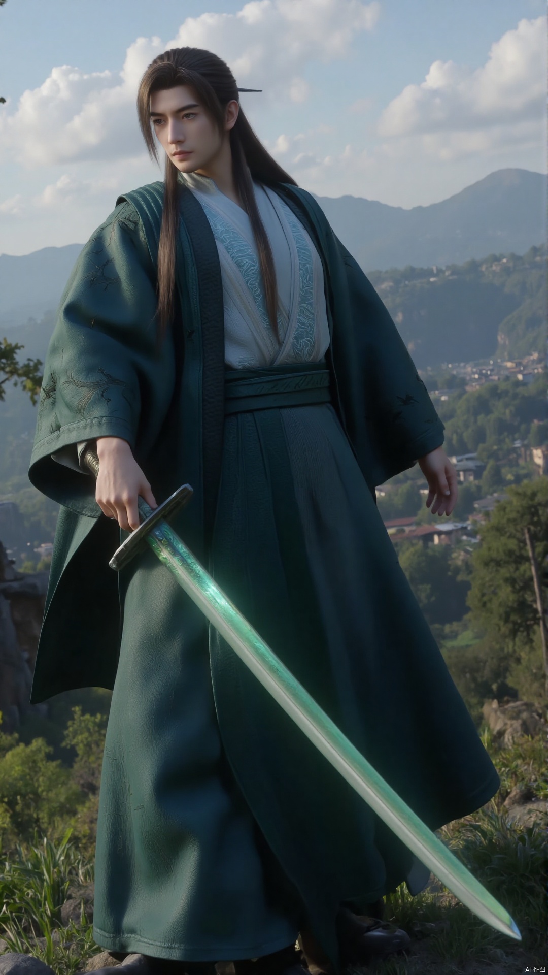 A man, long hair, solo, chinese clothes, holding a big green sword, scenery, sharp focus, best quality, masterpiece, detailed outfit, illustration, realistic skin, intricate details, best lighting, depth of field, ultra high resolution, dynamic pose, dynamic angle