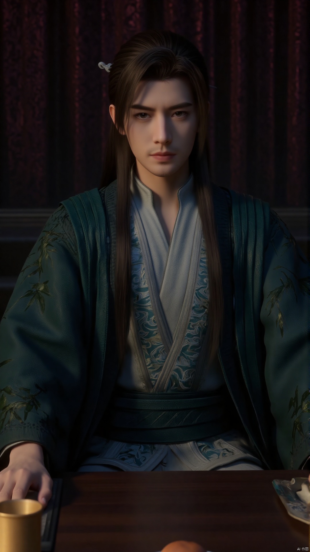 This image is a digital hyper-realistic rendering of a young Asian man with a serious expression, seated at a wooden table in what appears to be an ancient, ornate setting. He has long, dark brown hair that cascades down his back, and his facial features are sharp and delicate, with high cheekbones and a slight, contemplative gaze. He is dressed in a traditional, elaborate Chinese robe that is predominantly teal with intricate gold embroidery depicting bamboo patterns. The robe is fastened with a wide, ornate belt. His robe also features a high collar and a deep V-neck, adding to its regal appearance. The background features dark, heavy drapes with a rich, velvet texture, providing a stark contrast to the lighter colors of his attire. The table in front of him is dark brown and polished, with a golden cup and a small, round, brown object placed on it, suggesting a ceremonial or formal setting. The overall mood of the image is one of solemnity and tradition, with the lighting highlighting the textures and details of his clothing and the setting.