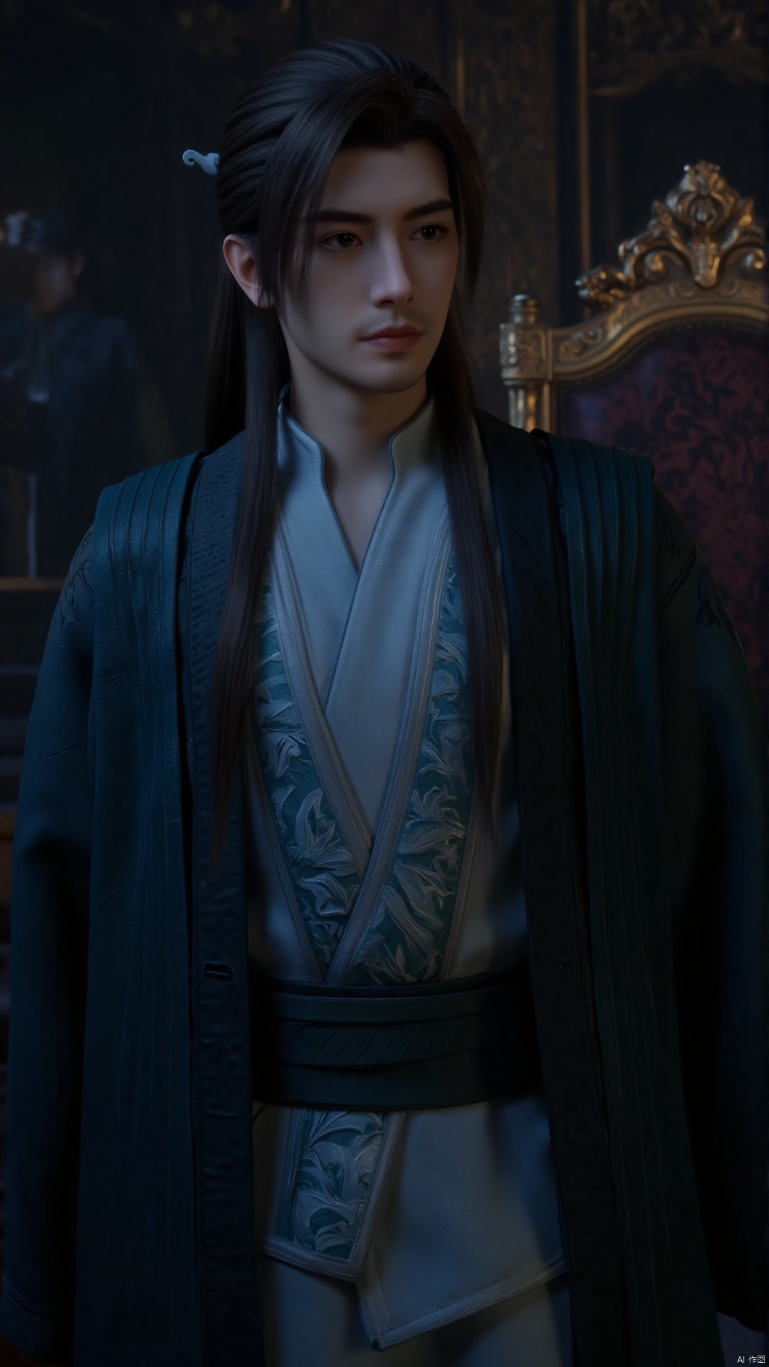 This is a highly detailed, realistic CGI rendering of a young Asian man with a stern expression. He has a fair complexion, sharp facial features, and long, straight dark brown hair that cascades down his back, with a slight wave. His hair is parted to the side, and he wears a traditional, ornate blue and white robe with intricate patterns and a high collar, indicative of an ancient or medieval era. The robe is fastened with a wide belt, and the fabric appears to be made of a soft, luxurious material with a smooth texture. 
In the background, the setting is dimly lit, suggesting a historical or fantasy environment. There is a large, ornate throne or chair to the left, with intricate carvings and a golden finish, adding to the regal ambiance. The background also features a blurred, dark figure to the right, possibly another person or an object, enhancing the sense of depth and mystery. The overall mood is serious and contemplative, with the man's gaze directed slightly to the left, indicating a thoughtful or introspective state. The image is highly detailed, with a realistic texture and shading that emphasizes the historical and cultural context.