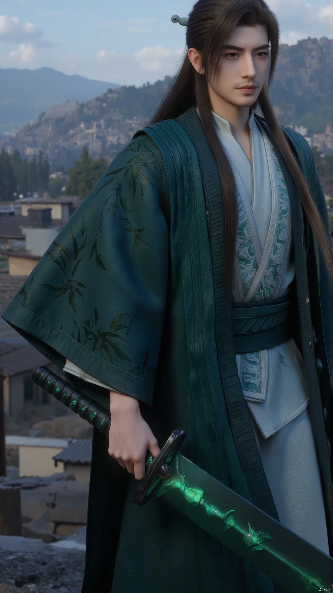 A man, long hair, solo, chinese clothes, holding a big green sword, scenery, sharp focus, best quality, masterpiece, detailed outfit, illustration, realistic skin, intricate details, best lighting, depth of field, ultra high resolution, dynamic pose, dynamic angle