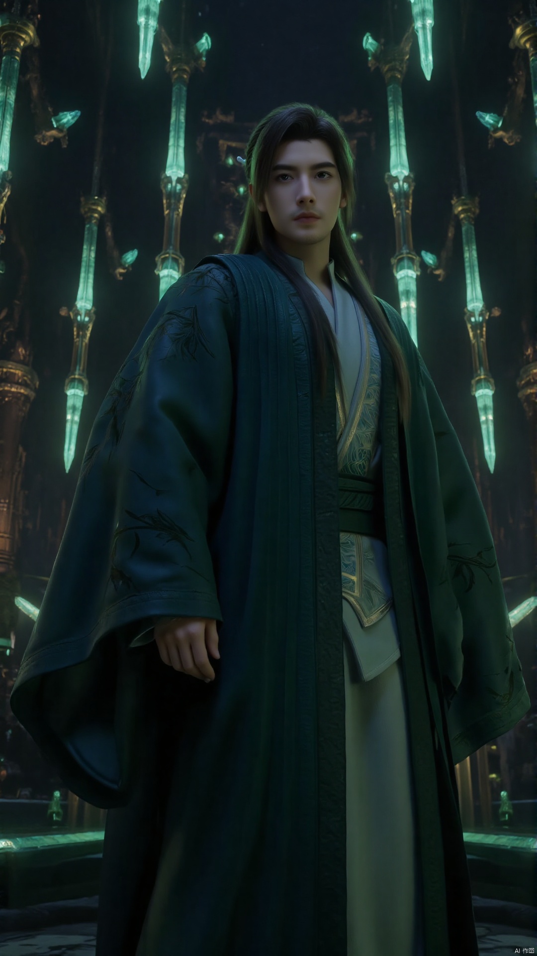 depicting a high-resolution CGI rendering of a young Asian man in a fantasy setting. The young man, with a determined expression, stands in a majestic, dimly lit room adorned with ornate, metallic fixtures and glowing green accents. He has a lean physique and short, dark hair. His attire consists of a flowing, dark green robe with intricate gold patterns, complemented by a white, form-fitting undergarment. The robe's texture appears soft and silky, with a hint of shimmering gold threads woven into its fabric. His face is partially obscured by the robe's hood, but his gaze is intense and focused, suggesting a sense of purpose or urgency. The background features towering, angular structures and a series of sharp, green-tinted blades suspended in mid-air, adding a sense of mysticism and danger to the scene. The overall atmosphere is dark and brooding, with a sense of ancient, otherworldly power. The lighting is soft and diffused, creating a moody, ethereal ambiance that enhances the surreal and fantastical nature of the image.