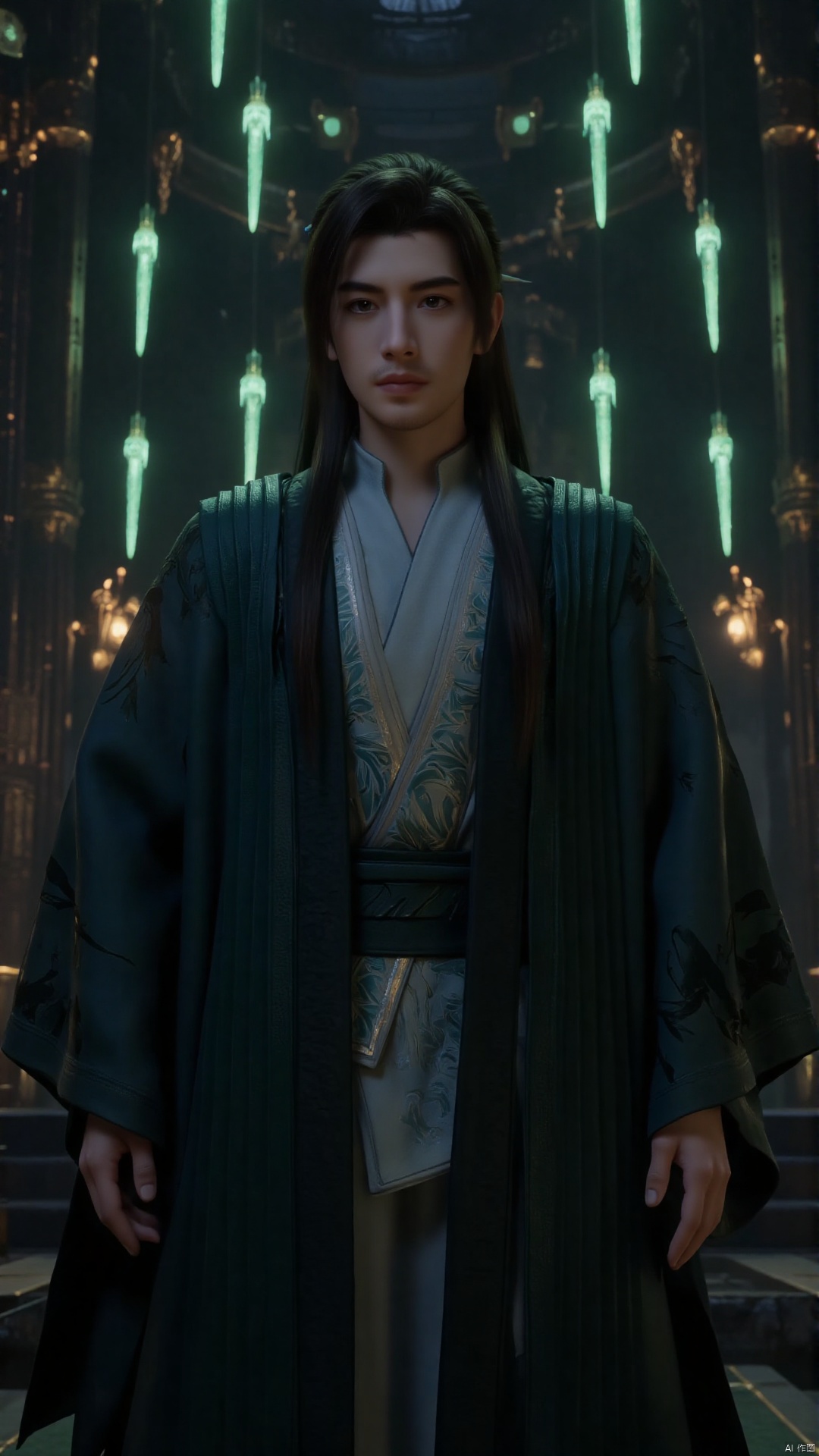 depicting a high-resolution CGI rendering of a young Asian man in a fantasy setting. The young man, with a determined expression, stands in a majestic, dimly lit room adorned with ornate, metallic fixtures and glowing green accents. He has a lean physique and short, dark hair. His attire consists of a flowing, dark green robe with intricate gold patterns, complemented by a white, form-fitting undergarment. The robe's texture appears soft and silky, with a hint of shimmering gold threads woven into its fabric. His face is partially obscured by the robe's hood, but his gaze is intense and focused, suggesting a sense of purpose or urgency. The background features towering, angular structures and a series of sharp, green-tinted blades suspended in mid-air, adding a sense of mysticism and danger to the scene. The overall atmosphere is dark and brooding, with a sense of ancient, otherworldly power. The lighting is soft and diffused, creating a moody, ethereal ambiance that enhances the surreal and fantastical nature of the image.