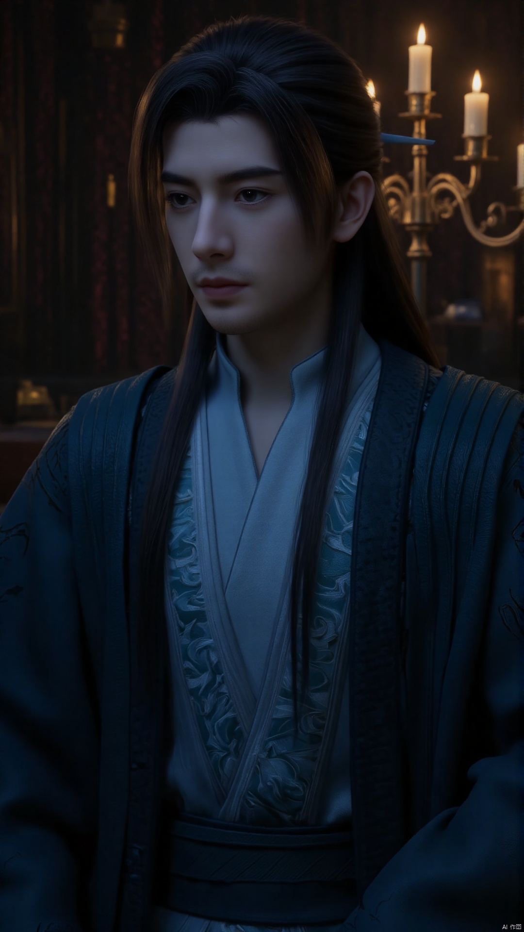 of a young man with East Asian features, dressed in traditional robes, set in a dimly lit, medieval-style room. The man has a serious expression and is positioned slightly to the right, with his head turned slightly to the left. His long, dark hair is neatly combed, with a subtle parting on the side, and he wears a blue, textured robe with intricate patterns and a high collar, which adds a sense of formality and nobility to his attire. The background features a large, ornate candle holder with several lit candles, emitting a warm glow that contrasts with the cooler tones of the room. The candles are arranged in a symmetrical pattern, enhancing the sense of order and elegance. The room is dimly lit, with a soft, ambient light coming from the candles, creating a serene, mystical atmosphere. The overall mood is one of quiet contemplation and reverence, with the man appearing to be in deep thought or prayer, perhaps in a religious or spiritual setting.
