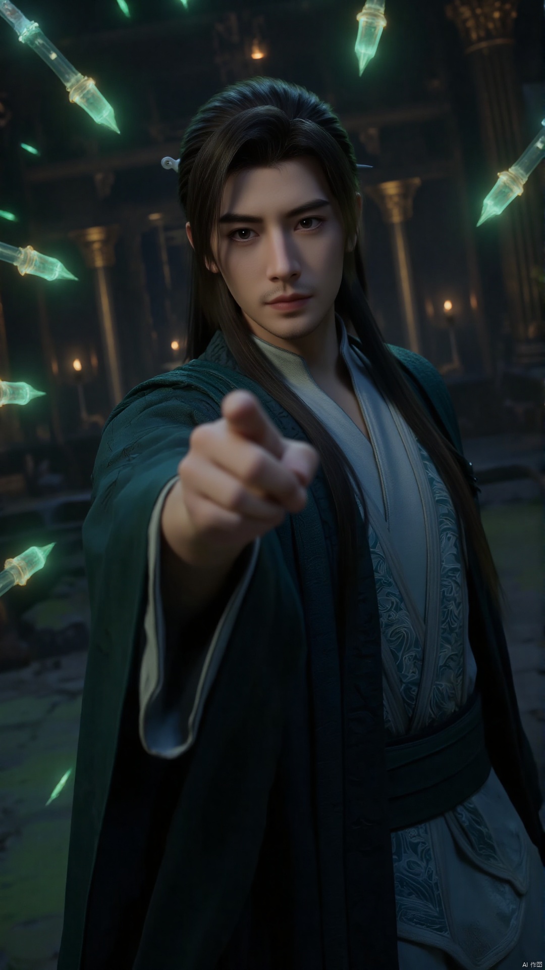 of a CGI-rendered scene from an online game. This image features a young Asian man with long, dark hair and an intense, focused expression. He stands in a majestic, ancient setting, possibly a temple or palace, with dimly lit, ornate pillars and columns in the background. The man is dressed in a traditional Chinese robe with intricate, flowing designs in shades of blue and white. His right hand is extended towards the viewer, extend two fingers, indicating he is casting a spell or performing a magical action. Surrounding him are floating, ethereal green lights and swords, adding a mystical, otherworldly atmosphere to the scene. The lighting is soft and diffused, enhancing the sense of mystery and depth. The textures of his robe are rich and detailed, with a smooth, silky appearance. The overall style of the image is highly realistic, with intricate attention to detail, making it appear as though it were a photograph rather than a digital rendering.