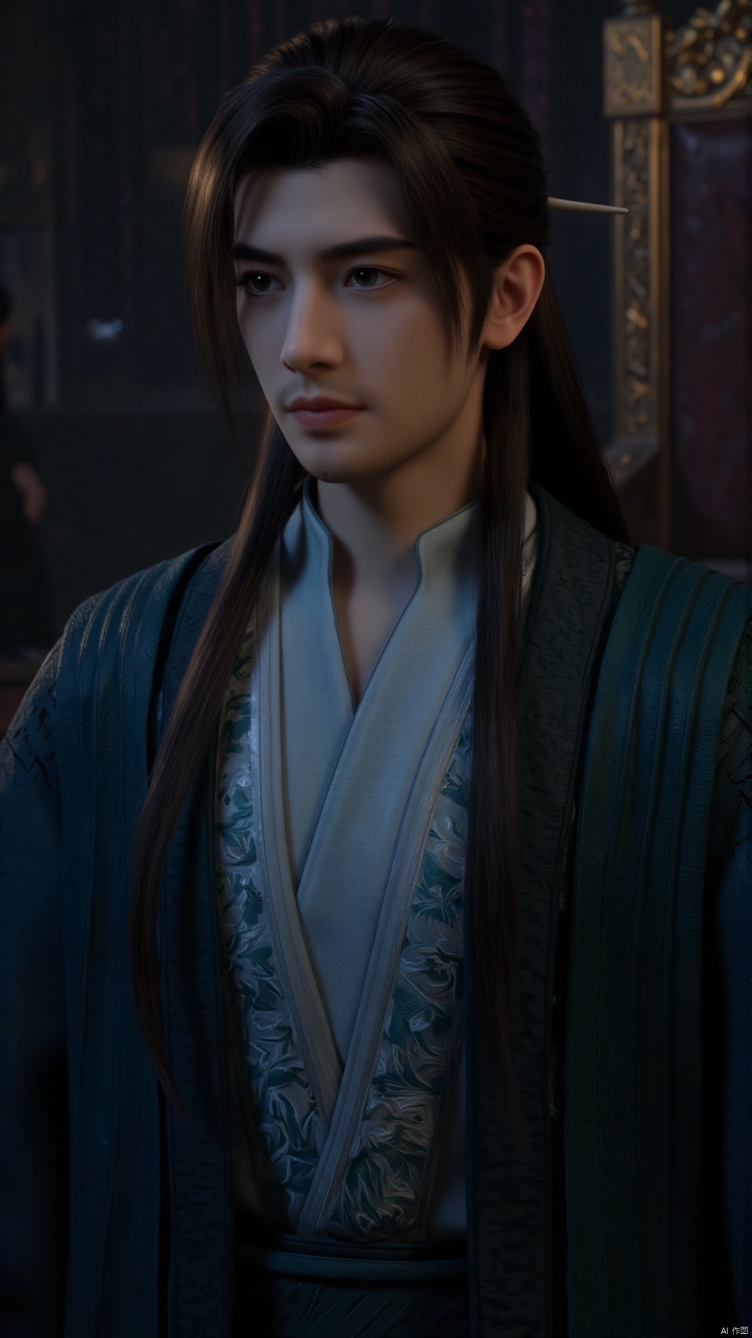 This is a highly detailed, realistic CGI rendering of a young Asian man with a stern expression. He has a fair complexion, sharp facial features, and long, straight dark brown hair that cascades down his back, with a slight wave. His hair is parted to the side, and he wears a traditional, ornate blue and white robe with intricate patterns and a high collar, indicative of an ancient or medieval era. The robe is fastened with a wide belt, and the fabric appears to be made of a soft, luxurious material with a smooth texture. 
In the background, the setting is dimly lit, suggesting a historical or fantasy environment. There is a large, ornate throne or chair to the left, with intricate carvings and a golden finish, adding to the regal ambiance. The background also features a blurred, dark figure to the right, possibly another person or an object, enhancing the sense of depth and mystery. The overall mood is serious and contemplative, with the man's gaze directed slightly to the left, indicating a thoughtful or introspective state. The image is highly detailed, with a realistic texture and shading that emphasizes the historical and cultural context.