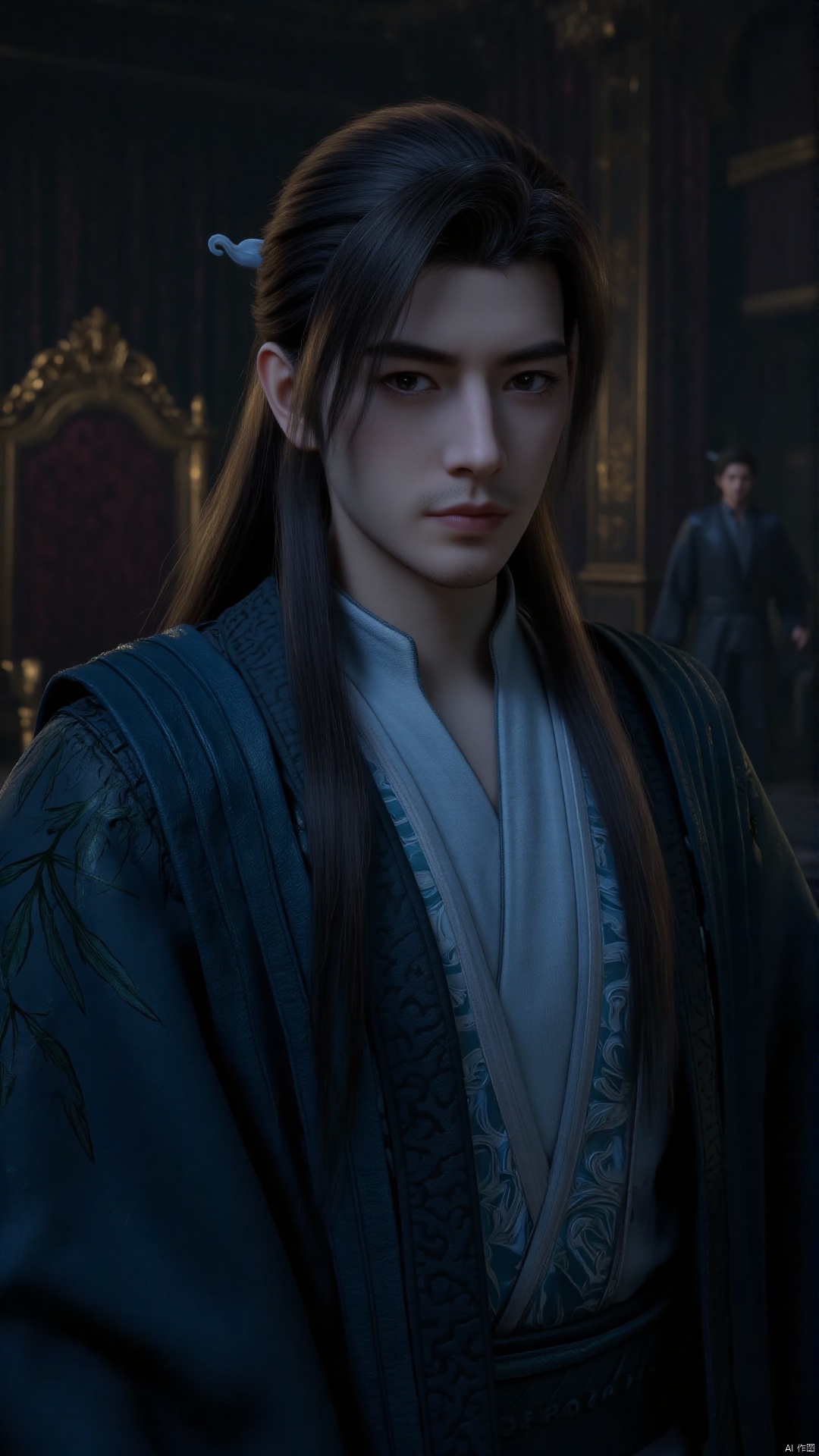 This is a highly detailed, realistic CGI rendering of a young Asian man with a stern expression. He has a fair complexion, sharp facial features, and long, straight dark brown hair that cascades down his back, with a slight wave. His hair is parted to the side, and he wears a traditional, ornate blue and white robe with intricate patterns and a high collar, indicative of an ancient or medieval era. The robe is fastened with a wide belt, and the fabric appears to be made of a soft, luxurious material with a smooth texture. 
In the background, the setting is dimly lit, suggesting a historical or fantasy environment. There is a large, ornate throne or chair to the left, with intricate carvings and a golden finish, adding to the regal ambiance. The background also features a blurred, dark figure to the right, possibly another person or an object, enhancing the sense of depth and mystery. The overall mood is serious and contemplative, with the man's gaze directed slightly to the left, indicating a thoughtful or introspective state. The image is highly detailed, with a realistic texture and shading that emphasizes the historical and cultural context.