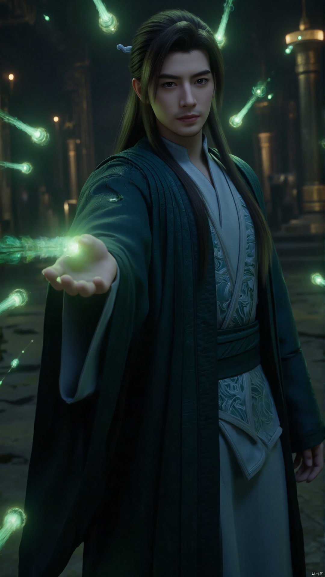 of a CGI-rendered scene from an online game. This image features a young Asian man with long, dark hair and an intense, focused expression. He stands in a majestic, ancient setting, possibly a temple or palace, with dimly lit, ornate pillars and columns in the background. The man is dressed in a traditional Chinese robe with intricate, flowing designs in shades of blue and white. His right hand is extended towards the viewer, emitting a glowing green orb, indicating he is casting a spell or performing a magical action. Surrounding him are floating, ethereal green lights and orbs, adding a mystical, otherworldly atmosphere to the scene. The lighting is soft and diffused, enhancing the sense of mystery and depth. The textures of his robe are rich and detailed, with a smooth, silky appearance. The overall style of the image is highly realistic, with intricate attention to detail, making it appear as though it were a photograph rather than a digital rendering.