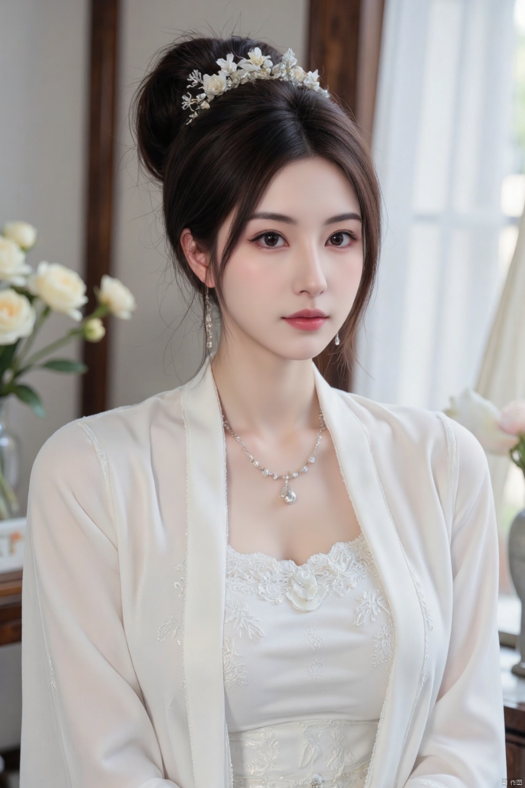 1girl、asian、black eyes、black hair、blurry、blurry background、blurry foreground、brown eyes、chinese clothes、closed mouth、curtains、depth of field、double bun、earrings、flower、hair bun、hair ornament、indoors、jewelry、lips、photo {\medium}、realistic、solo、upper body、window、