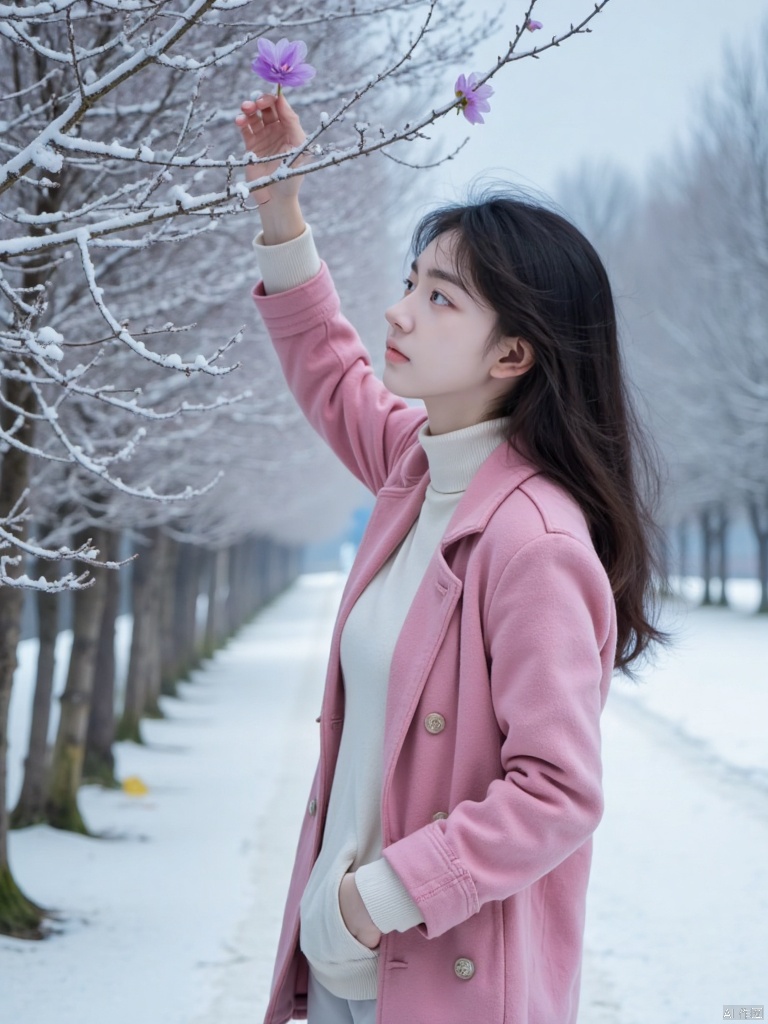 , Masterpiece, natural wonder, snow on branches, snow on the ground, a few green branches after frost, depth, simple background, perfect lighting, aesthetic conception, natural wonder, Scenery, uncleview, guohua,a woman standing,bust,Long view, shot from a distance,sideways,wearing pink thick coat and white sweater,head up,looking at a purple flower which on the tree,the girl is stretching her hand and wants to touch one flower which on the tree,Professional composition, natural light effect