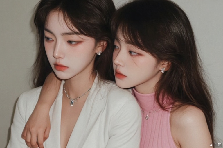 Best quality,masterpiece,ultra high res,raw photo,mini_breasts,navel, 2girl hugging and Talking in another person's ear, long hair,jewelry,face photo,cxy,white jacket,pink sweater,Thin face, melon face, pointy face,A real photo,small droplets,cleavage,mini Breasts,