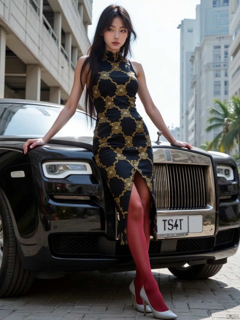 full body photo,Thin face, melon seed face, pointed face, master works, extremely high texture, well-designed composition, aesthetic, stunning beauty, highest picture quality, highest resolution. A long-haired woman wearing a black china dress with golden geometric patterns, with a long black ponytail, wearing wine-red thin stockings, wearing gray and white high heels, tall and tall, eyebrows like far Dai, eyes like autumn frost, slender legs, excellent proportion of the body. Leaning against a Rolls Royce Phantom, she looks sideways and poses casually and confidently. A city full of science fiction.solo,simple_background 