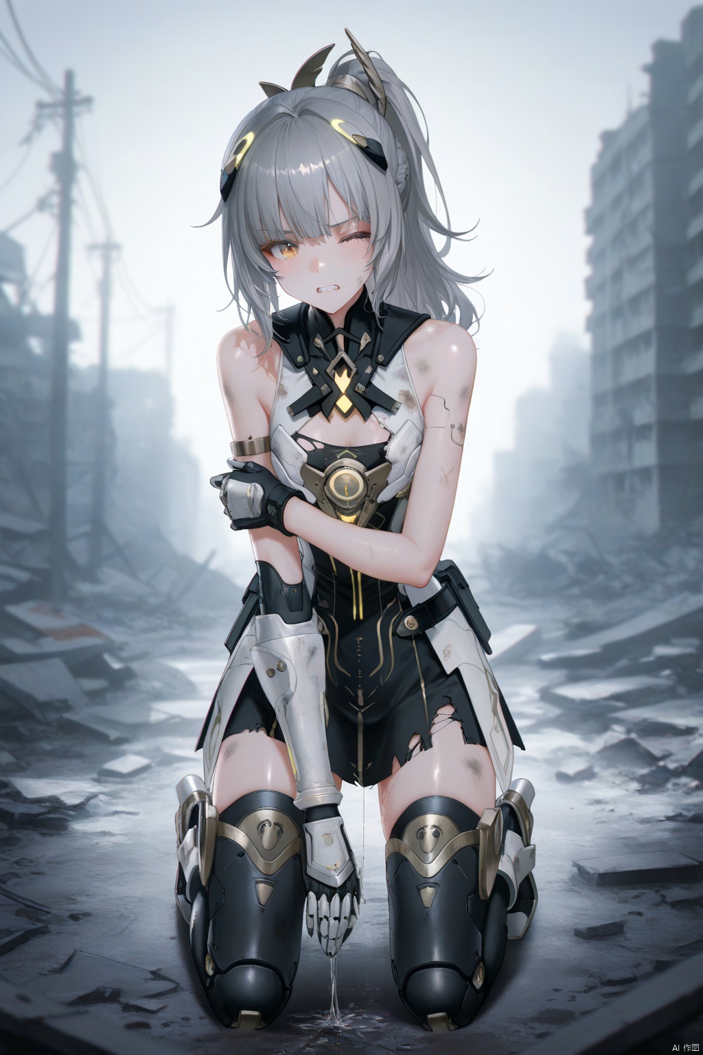  1girl, solo,nanami/punishing gray raven,long hair, bangs, thighhighs, torn dress, bare shoulders, yellow eyes, ponytail, grey hair, torn armor, gauntlets,hurt,Serious injuryed,android,Only half an arm left,Holding the broken arm,Broken robotic arm,exposed mechanical structure,Circuit,Circulating fluid flows out at the broken, gritting teeth,painful expression,one eye open,dirty,Half-kneeling on the ground,Ruins, destroyed city,blurry background, masterpiece,best quality,high quality,overexposure,chromatic_aberration,light,fair_skin, very aesthetic,absurdres, masterpiece, amazing quality,(aestivation:0.4),(nasii:0.4),(toosaka asagi:0.4),(atdan:0.4),(artist:quasarcake:0.8),(iumu:0.72),(wlop:0.72),96YOTTEA,Konya Karasue, //, depth of field,detailed light,blurry background,best shadow,shiny skin,cinematic lighting,ray tracing, amazing quality, very aesthetic, absurdres, best quality, ultra detailed, newest,8K,HDR