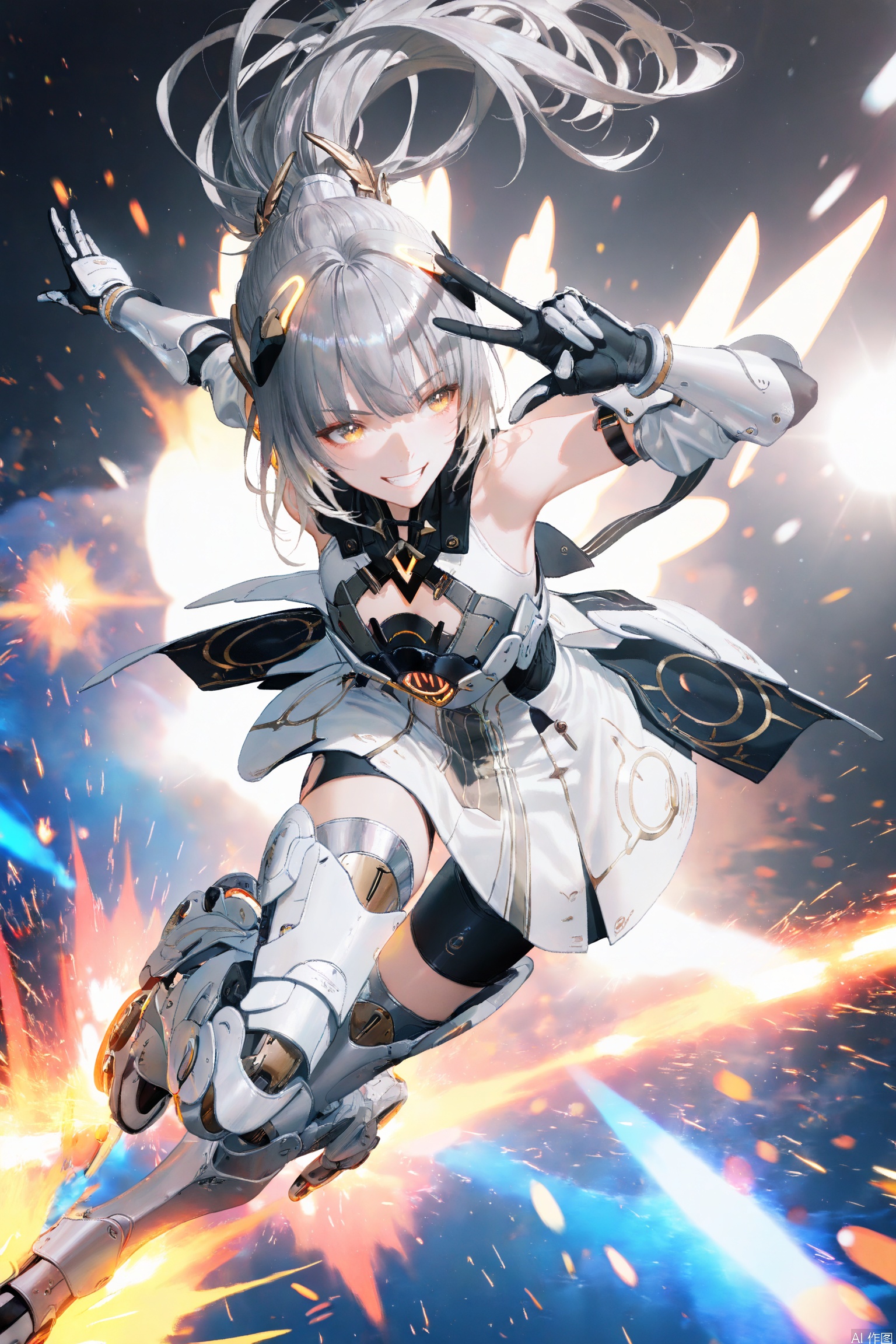 1girl, solo,nanami/punishing gray raven,grin naughty,peace sign,long hair, bangs, thighhighs, dress, bare shoulders, yellow eyes,brown crossed pupils, ponytail, grey hair, armor, gauntlets,skates, mechanical legs, roller skates,Galloping, sparks flying,Slider pose,depth of field, light particles, lens flare, (artist:quasarcake:0.8),extreme aesthetic,(wlop:0.6), wanke,rella,wanke,masterpiece,best quality,good quality,newest ,year 2024, year 2023, very aesthetic,absurdres,Visual impact, A shot with tension, ultra-high resolution,32K UHD,sharp focus,best quality,masterpiece,Emotionalization masterpiece, unconventional supreme,masterful details,with a high end texture,in the style of fashion photography, (Visual impact:1.2),giving the poster a dynamic and visually striking appearance,impactful picture,offcial art,colorful ,splash of color, movie perspective, masterpiece,best quality,amazing quality,very aesthetic,absurdres,best quality,newest,from above