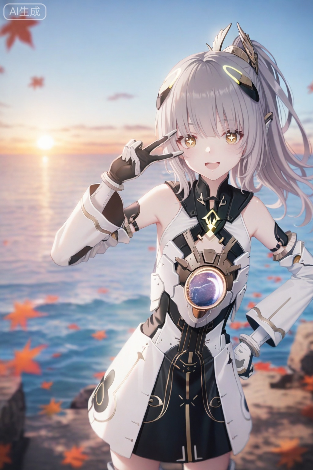 masterpiece,absurdres,best quality,high quality,chromatic_aberration,loli,outdoors,blue sky,daylight,
//,
nanami/punishing gray raven,1girl, solo, long hair, bangs, thighhighs, dress, bare shoulders, yellow eyes, ponytail, grey hair, armor, gauntlets,brown cross shaped pupils,smile,pen mouth,sunset,scenery,leaf drop,leaf,from above,floating hair,messy hair,upper body,sea,detailed water,close up of the face,v over eye,one hand on hip,
//,
photorealistic,Artist:na-ga,(quasarcake:0.2),(wanke:0.9),[Artist:chen bin],Artist:tidsean,[Artist:sk (askzy)],(artist:tokkyu:0.5),(artist:momoko \(momopoco\):0.5),himitsu_(hi_mi_tsu_2),
//,
highres,HDR,8K,high contrast,illustration,depth of field,(colorful),Tyndall effect,contrast,lens flare,