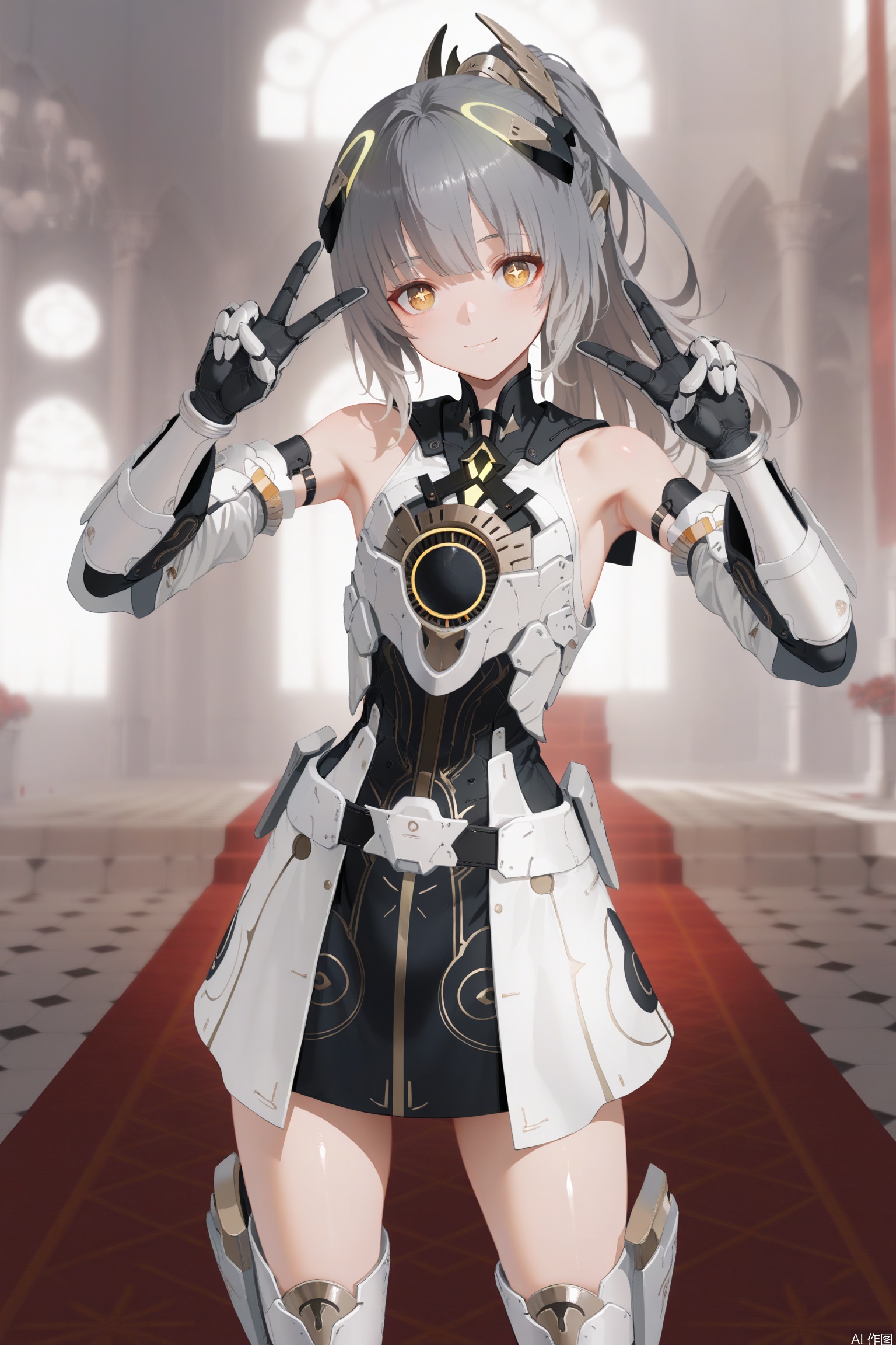 masterpiece,very aware,highres,absurdres,newest,best quality,high quality,loli,petite,chromatic_aberration,
//,
nanami/punishing gray raven,1girl, solo, long hair, bangs, thighhighs, dress, bare shoulders, yellow eyes, ponytail, grey hair, armor, gauntlets,brown cross shaped pupils,armpits, v, headgear,
//,
year_2023,year_2024,masterpiece,best quality,no humans,artist:yunimaru,artist:esuthio,(artist:wlop:0.5),jijia, 2d, anime,
//,
official art,depth of field,detailed light,blurry background,best shadow,shiny skin,cinematic lighting,ray tracing,
amazing quality,very aesthetic,absurdres,beast quality,ultra detailed,newest,8K,HDR,