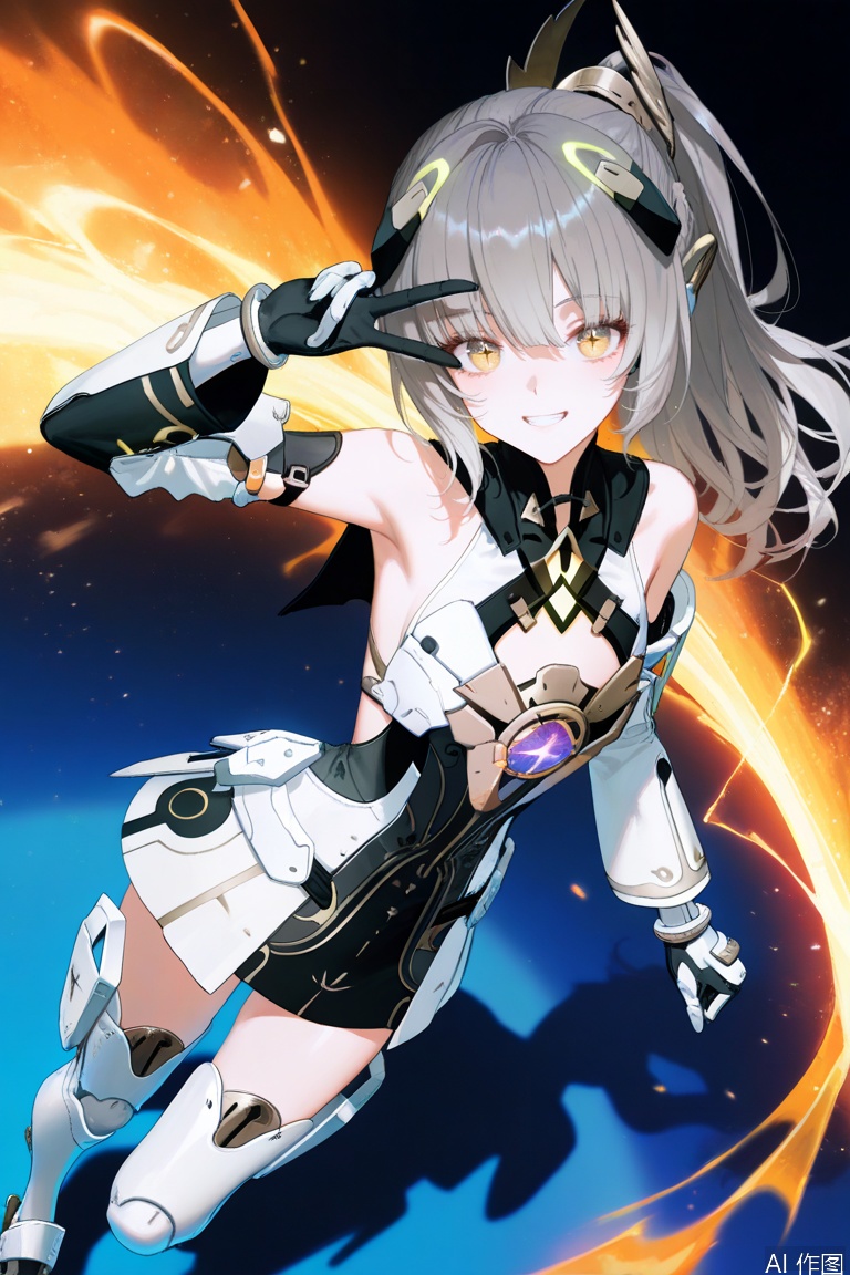 nanami/punishing gray raven,1girl, solo, long hair, bangs, thighhighs, dress, bare shoulders,  yellow eyes, ponytail, grey hair, armor, gauntlets,brown cross shaped pupils,armpits, v, headgear, mechanical arms, single mechanical arm, v over eye, sideless outfit,from above,dutch angle,grin,cute smile,naughty,depth of field, light particles, (artist:quasarcake:0.8),extreme aesthetic,(wlop:0.6), wanke,rella,wanke,masterpiece,best quality,good quality,newest ,year 2024, year 2023, very aesthetic,absurdres,Visual impact, A shot with tension, ultra-high resolution,32K UHD,sharp focus,best quality,masterpiece,Emotionalization masterpiece, unconventional supreme,masterful details,with a high end texture,in the style of fashion photography, (Visual impact:1.2),giving the poster a dynamic and visually striking appearance,impactful picture,offcial art,colorful ,splash of color, movie perspective, masterpiece,best quality,amazing quality,very aesthetic,absurdres,best quality,newest,