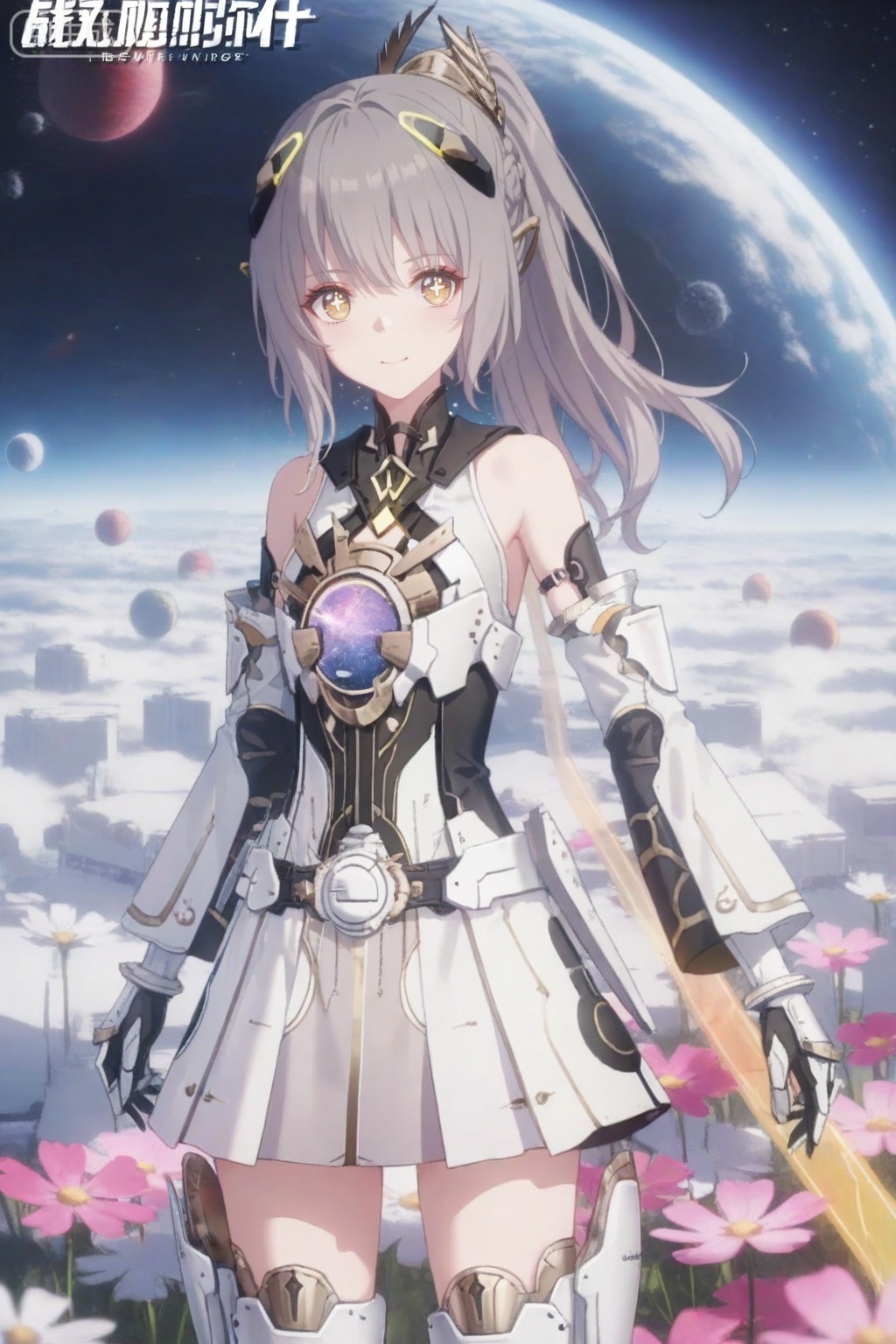 8k,best quality,masterpiece,(ultra-detailed),((artist:reoen),(artist:fuzichoco),(artist:atdan),(artist:torino_aqua),year 2024:0.8),1girl,[artist:wlop],[artist:ningen_mame],artist:ciloranko,[[artist:rhasta]],artist:tidsean,space,planet,cosmos,
//,
nanami/punishing gray raven,1girl, solo, long hair, bangs, thighhighs, dress, bare shoulders, yellow eyes, ponytail, grey hair, armor, gauntlets,brown cross shaped pupils,cowboy shot,gentle smile,cute,loli,
//,anime screencap,anime coloring,
