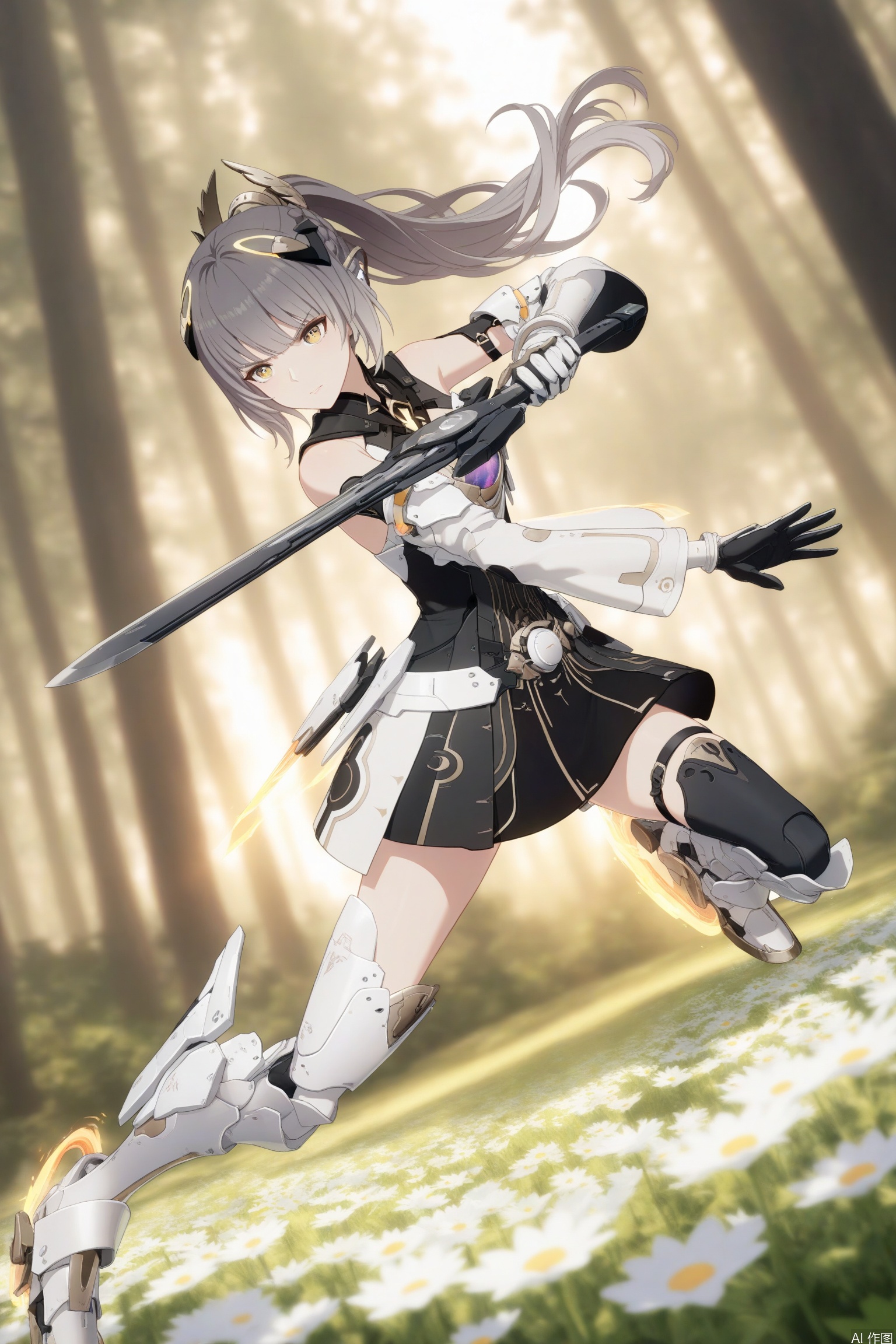 masterwork,masterpiece,best quality,depth of field,dramatic lighting,forest meadow of flowers,holding sword,sword BREAK dynamic motion,fighting stance,dutch angle,1girl,nanami/punishing gray raven, solo, long hair, breasts, bangs, thighhighs, gloves, dress, bare shoulders, ponytail,yellow eyes, grey hair, boots,black gloves,armored boots,