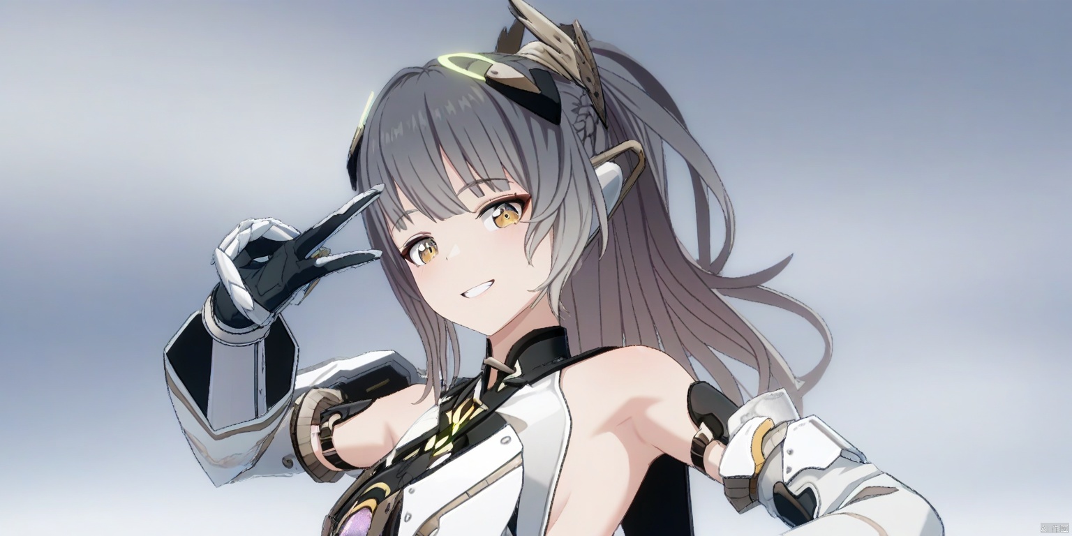 masterpiece,best quality,amazing quality,very aesthetic,absurdres,newest,anime screencap,anime coloring,nanami/punishing gray raven,
1girl, solo, long hair, breasts, looking at viewer, smile, bangs, gloves, dress, bare shoulders, brown eyes, yellow eyes, upper body, ponytail, grey hair, small breasts, black gloves, armpits, v, headgear, mechanical arms, single mechanical arm, v over eye, sideless outfit