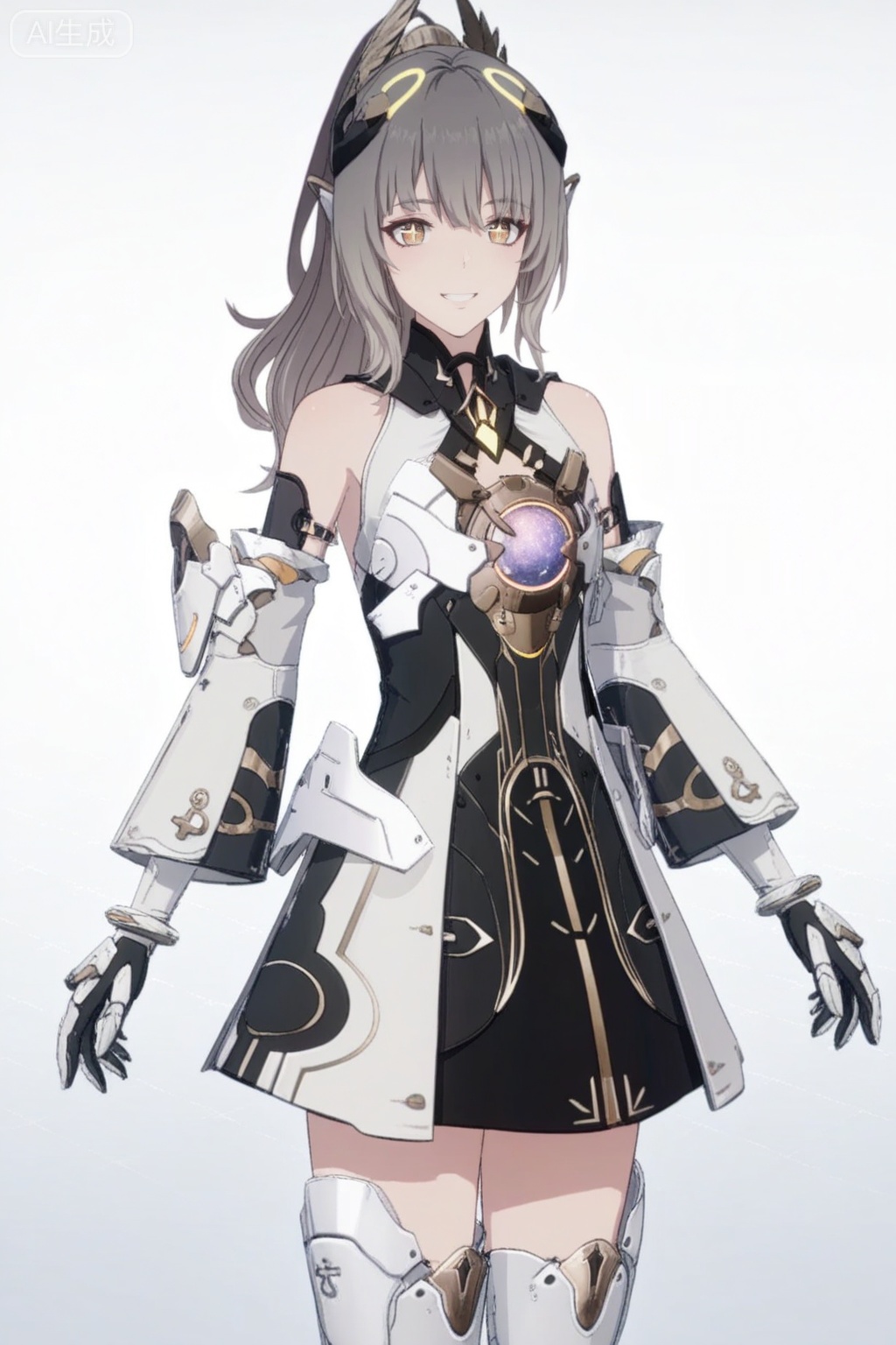 masterpiece,absurdres,best quality,high quality,chromatic_aberration,,
//,artist:konya_karasue,
//,nanami/punishing gray raven,1girl, solo, long hair, bangs, thighhighs, dress, bare shoulders, yellow eyes, ponytail, grey hair, armor, gauntlets,brown cross shaped pupils,cowboy shot,white background,gentle smile,cute,loli,
//,anime screencap,anime coloring,
