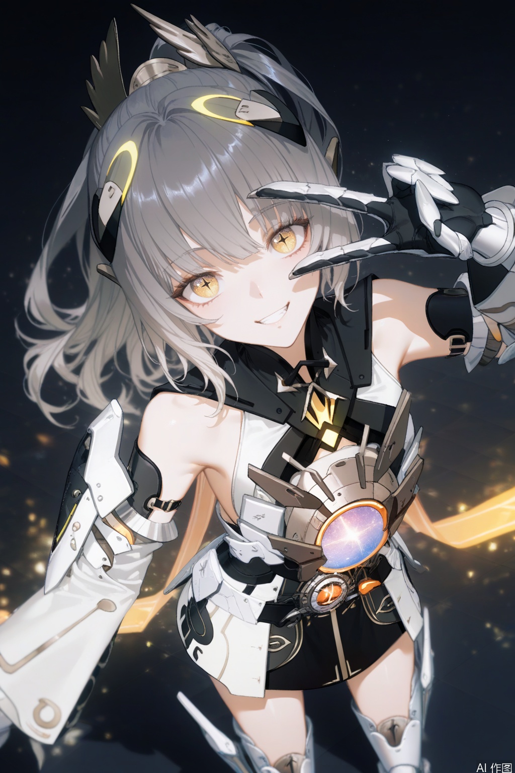 nanami/punishing gray raven,1girl, solo, long hair, bangs, thighhighs, dress, bare shoulders,  yellow eyes, ponytail, grey hair, armor, gauntlets,brown cross shaped pupils,armpits, v, headgear, mechanical arms, single mechanical arm, v over eye, sideless outfit,from above,dutch angle,grin,cute smile,naughty,depth of field, light particles, (artist:quasarcake:0.8),extreme aesthetic,(wlop:0.6), wanke,rella,wanke,masterpiece,best quality,good quality,newest ,year 2024, year 2023, very aesthetic,absurdres,Visual impact, A shot with tension, ultra-high resolution,32K UHD,sharp focus,best quality,masterpiece,Emotionalization masterpiece, unconventional supreme,masterful details,with a high end texture,in the style of fashion photography, (Visual impact:1.2),giving the poster a dynamic and visually striking appearance,impactful picture,offcial art,colorful ,splash of color, movie perspective, masterpiece,best quality,amazing quality,very aesthetic,absurdres,best quality,newest,