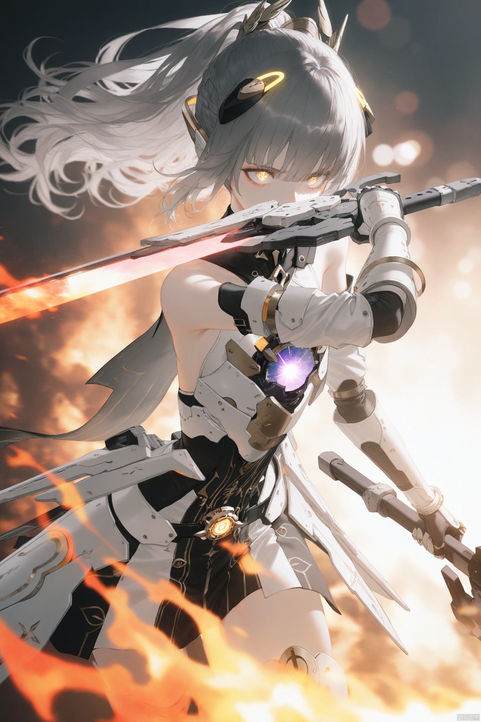 nanami/punishing gray raven,1girl, solo, long hair, bangs, thighhighs, dress, bare shoulders, yellow eyes, ponytail, grey hair, armor, gauntlets,brown cross shaped pupils,Flames rising, fire surrounding, wielding a mechanical sword,fighting_stance,weapon,brandishing a weapon,eye smear,glowing_eye,the sword points to you,upper body,3d,
depth of field, light particles, lens flare, (artist:quasarcake:0.8),extreme aesthetic,(wlop:0.6), wanke,rella,wanke,masterpiece,best quality,good quality,newest ,year 2024, year 2023, very aesthetic,absurdres,Visual impact, A shot with tension, ultra-high resolution,32K UHD,sharp focus,best quality,masterpiece,Emotionalization masterpiece, unconventional supreme,masterful details,with a high end texture,in the style of fashion photography, (Visual impact:1.2),giving the poster a dynamic and visually striking appearance,impactful picture,offcial art,colorful ,splash of color, movie perspective, masterpiece,best quality,amazing quality,very aesthetic,absurdres,best quality,newest,