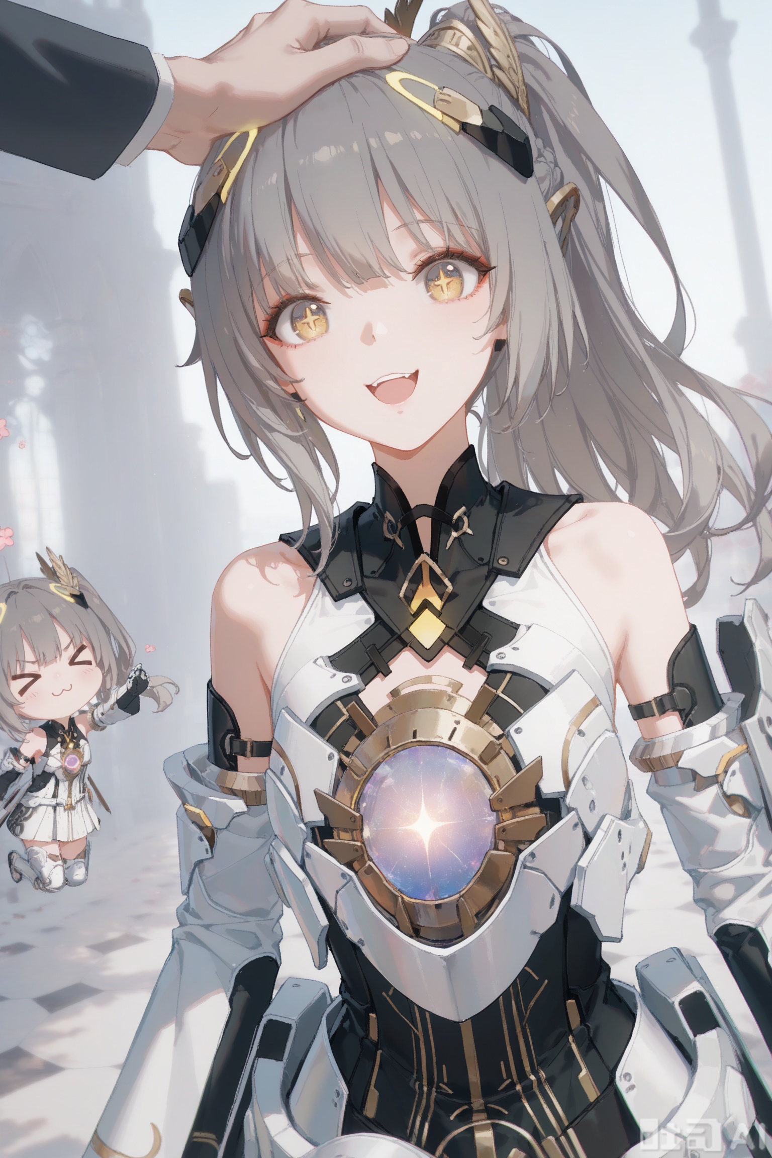 masterpiece,very aware,highres,absurdres,newest,best quality,loli,petite,high quality,chromatic_aberration,cinematic_angle,dutch angle, //,artist:ciloranko,artist:ningen_mame,artist:sho_(sho_lwlw),artist:rhasta,artist:wlop,artist:ke-ta,artist:hiten \(hitenkei\),//,nanami/punishing gray raven,1girl, solo, long hair, bangs,bare shoulders, yellow eyes, ponytail, grey hair, armor, upper body,brown cross shaped pupils,, :d, solo focus, chibi, :3, > <, headpat,