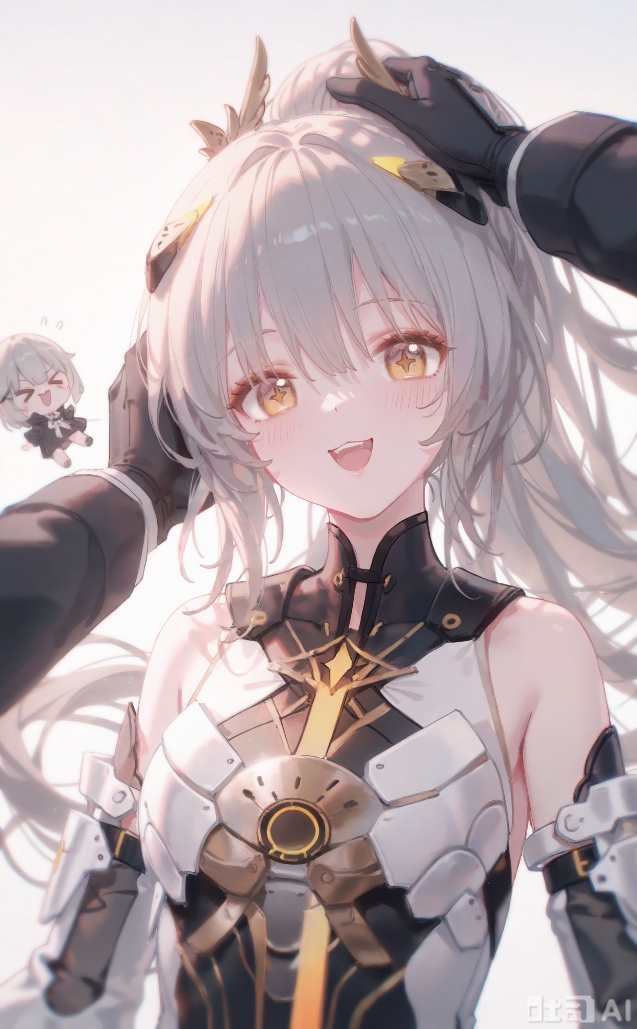 masterpiece,very aware,highres,absurdres,newest,best quality,loli,petite,high quality,chromatic_aberration,cinematic_angle,dutch angle, //,artist:ciloranko,artist:ningen_mame,artist:sho_(sho_lwlw),artist:rhasta,artist:wlop,artist:ke-ta,artist:hiten \(hitenkei\),//,nanami/punishing gray raven,1girl, solo, long hair, bangs,bare shoulders, yellow eyes, ponytail, grey hair, armor, upper body,brown cross shaped pupils,, :d, solo focus, chibi, :3, > <, headpat,
