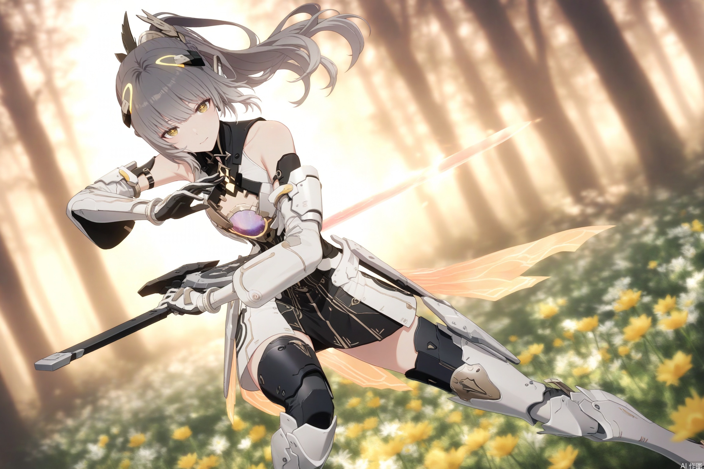 masterwork,masterpiece,best quality,depth of field,dramatic lighting,forest meadow of flowers,holding sword,sword BREAK dynamic motion,fighting stance,dutch angle,1girl,nanami/punishing gray raven, solo, long hair, breasts, bangs, thighhighs, gloves, dress, bare shoulders, ponytail,yellow eyes, grey hair, boots,black gloves,armored boots,