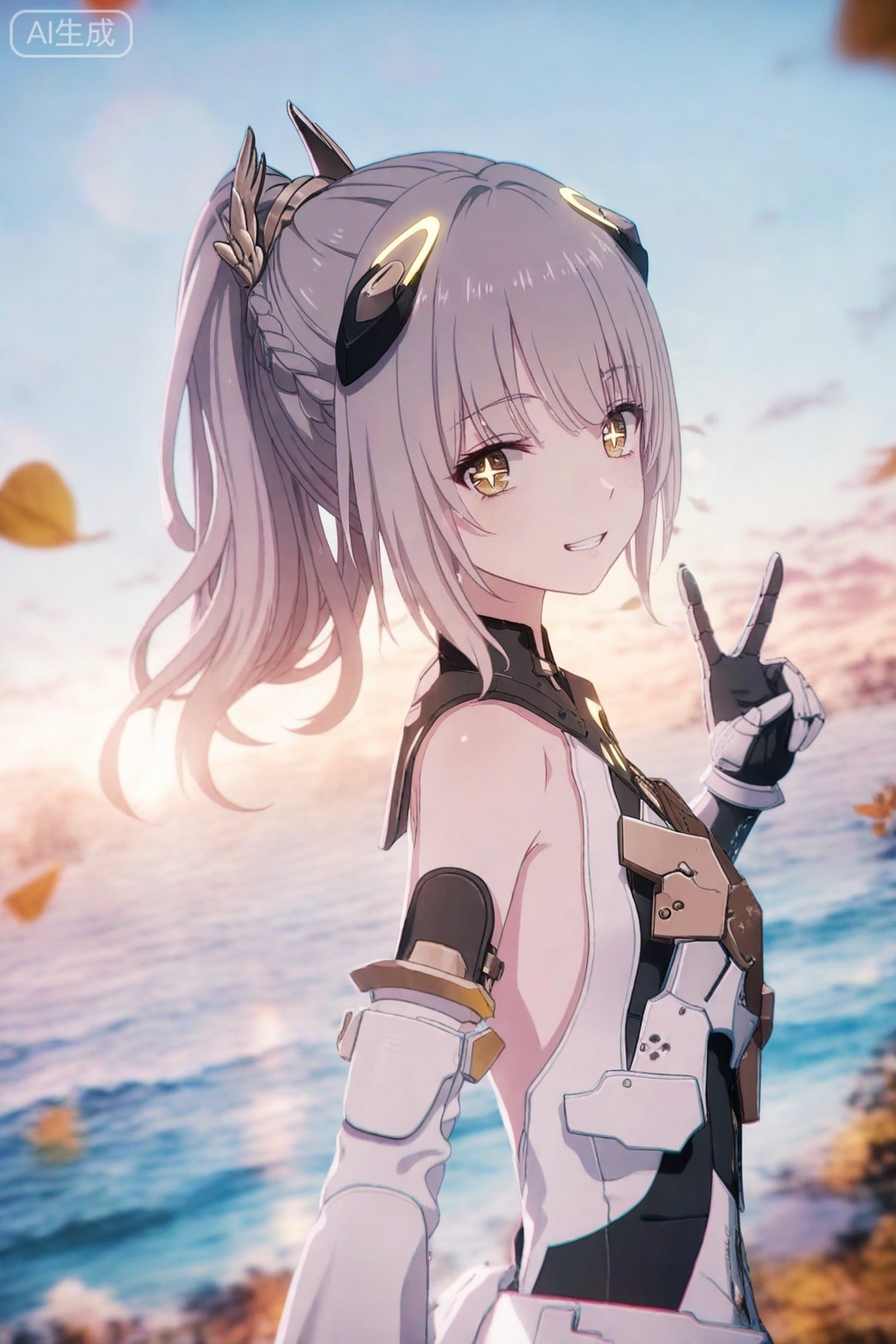 masterpiece,absurdres,best quality,high quality,chromatic_aberration,loli,outdoors,blue sky,daylight,
//,
nanami/punishing gray raven,1girl, solo, long hair, bangs, thighhighs, dress, bare shoulders, yellow eyes, ponytail, grey hair, armor, gauntlets,brown cross shaped pupils,smile,pen mouth,sunset,scenery,leaf drop,leaf,from above,floating hair,messy hair,upper body,sea,detailed water,close up of the face,from side,dutch angle,grin,peace sign,v,v over eye,
//,
photorealistic,Artist:na-ga,(quasarcake:0.2),(wanke:0.9),[Artist:chen bin],Artist:tidsean,[Artist:sk (askzy)],(artist:tokkyu:0.5),(artist:momoko \(momopoco\):0.5),himitsu_(hi_mi_tsu_2),
//,
highres,HDR,8K,high contrast,illustration,depth of field,(colorful),Tyndall effect,contrast,lens flare,