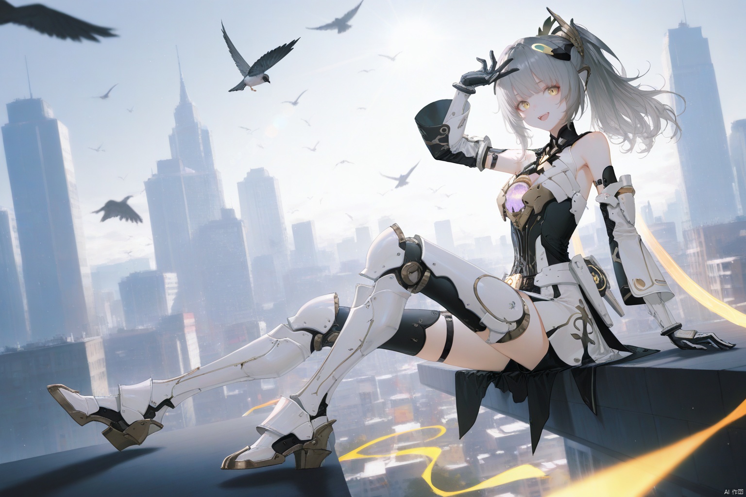 1girl, solo, long hair, breasts, looking at viewer, smile, open mouth, bangs, thighhighs, gloves, dress, bare shoulders, ponytail, sitting, full body, yellow eyes, :d, grey hair, boots, outdoors, black gloves, arm up, bird, building, city, armored boots, cityscape, skyscraper,nanami/punishing gray raven,fom above,dutch angle,
depth of field, light particles, lens flare, (artist:quasarcake:0.8),extreme aesthetic,(wlop:0.6), wanke,rella,wanke,masterpiece,best quality,good quality,newest ,year 2024, year 2023, very aesthetic,absurdres,Visual impact, A shot with tension, ultra-high resolution,32K UHD,sharp focus,best quality,masterpiece,Emotionalization masterpiece, unconventional supreme,masterful details,with a high end texture,in the style of fashion photography, (Visual impact:1.2),giving the poster a dynamic and visually striking appearance,impactful picture,offcial art,colorful ,splash of color, movie perspective, masterpiece,best quality,amazing quality,very aesthetic,absurdres,best quality,newest,