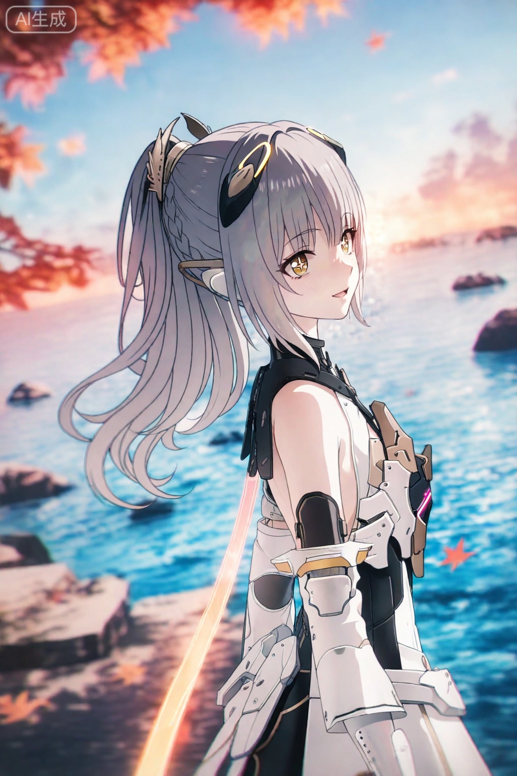 masterpiece,absurdres,best quality,high quality,chromatic_aberration,loli,outdoors,blue sky,daylight,
//,
nanami/punishing gray raven,1girl, solo, long hair, bangs, thighhighs, dress, bare shoulders, yellow eyes, ponytail, grey hair, armor, gauntlets,brown cross shaped pupils,smile,pen mouth,sunset,scenery,leaf drop,leaf,from above,floating hair,messy hair,upper body,sea,detailed water,close up of the face,from side,dutch angle,
//,
photorealistic,Artist:na-ga,(quasarcake:0.2),(wanke:0.9),[Artist:chen bin],Artist:tidsean,[Artist:sk (askzy)],(artist:tokkyu:0.5),(artist:momoko \(momopoco\):0.5),himitsu_(hi_mi_tsu_2),
//,
highres,HDR,8K,high contrast,illustration,depth of field,(colorful),Tyndall effect,contrast,lens flare,