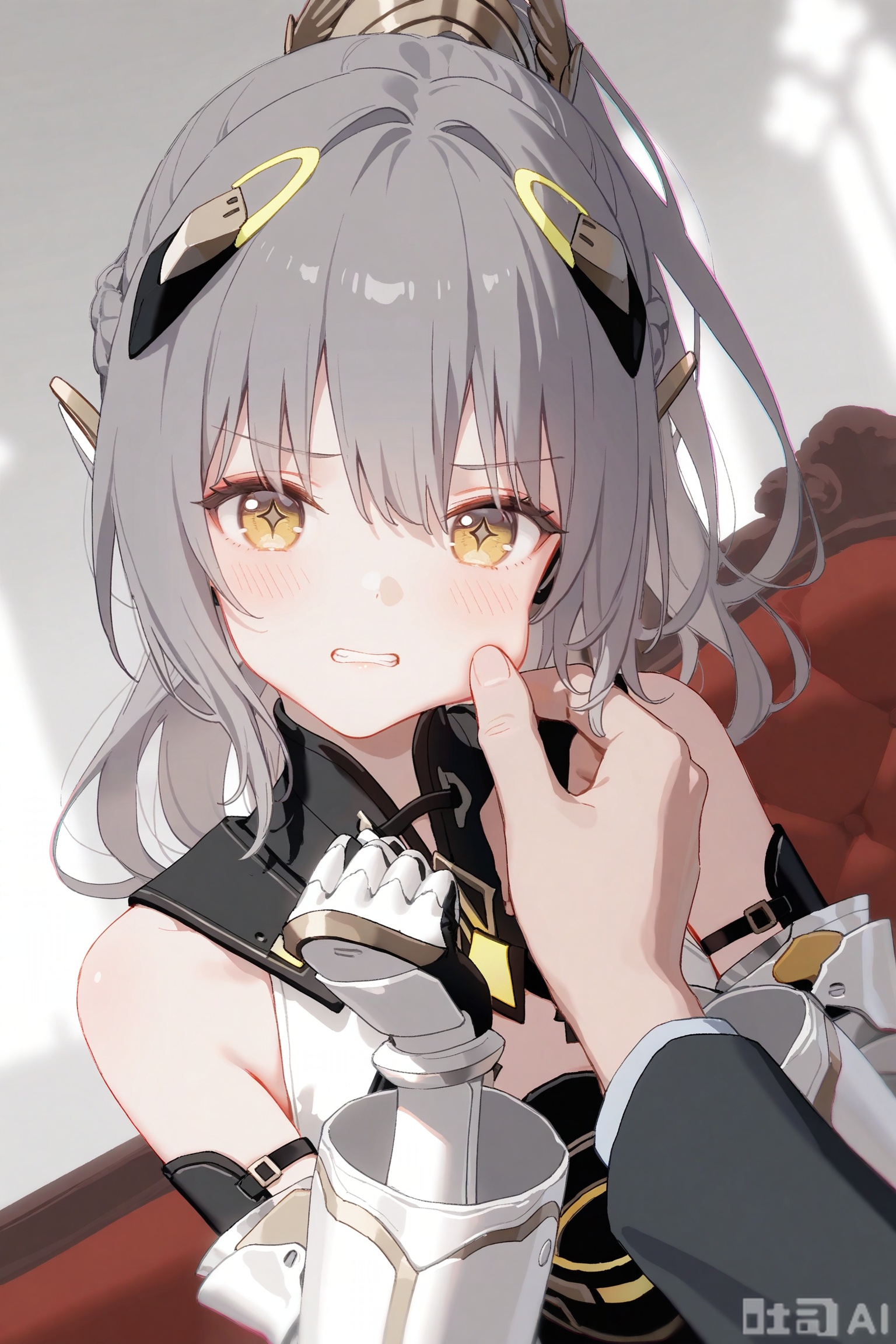 masterpiece,very aware,highres,absurdres,newest,best quality,loli,petite,high quality,chromatic_aberration,cinematic_angle,dutch angle,//,artist:ciloranko,artist:ningen_mame,artist:sho_(sho_lwlw),artist:rhasta,artist:wlop,artist:ke-ta,artist:hiten \(hitenkei\),//,nanami/punishing gray raven,1girl, solo, long hair, bangs, dress, bare shoulders, yellow eyes, ponytail, grey hair, armor, gauntlets,brown cross shaped pupils,cheek pinching, hands up, hair between eyes, pinching, solo focus, 
, blush, clenched teeth, collarbone, teeth, looking at viewer, cheek pull, long hair, out of frame, upper body, pov, 1boy, couch, pov hands, 1other, parted lips, head tilt, clenched hands, sitting, puffy long sleeves, on couch, heart