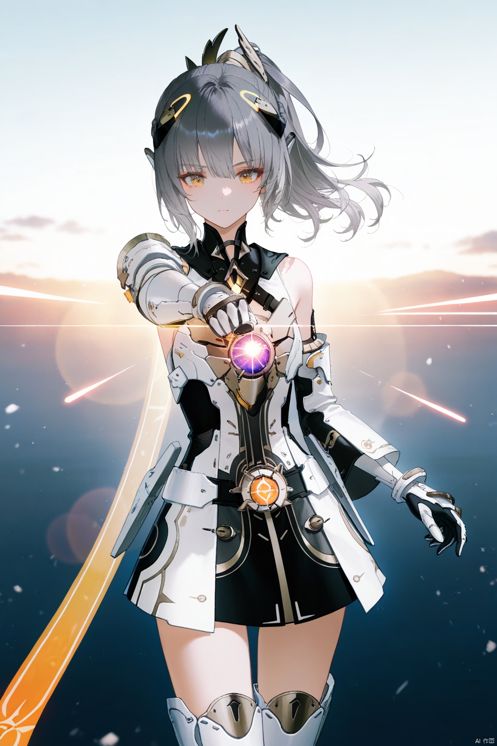 1girl, solo,nanami/punishing gray raven,long hair, bangs, thighhighs, dress, bare shoulders, yellow eyes, ponytail, grey hair, armor, gauntlets, gradient,depth of field, light particles, lens flare, (artist:quasarcake:0.8),extreme aesthetic,(wlop:0.6), wanke,rella,wanke,masterpiece,best quality,good quality,newest ,year 2024, year 2023, very aesthetic,absurdres,Visual impact, A shot with tension, ultra-high resolution,32K UHD,sharp focus,best quality,masterpiece,Emotionalization masterpiece, unconventional supreme,masterful details,with a high end texture,in the style of fashion photography, (Visual impact:1.2),giving the poster a dynamic and visually striking appearance,impactful picture,offcial art,colorful ,splash of color, movie perspective, masterpiece,best quality,amazing quality,very aesthetic,absurdres,best quality,newest,