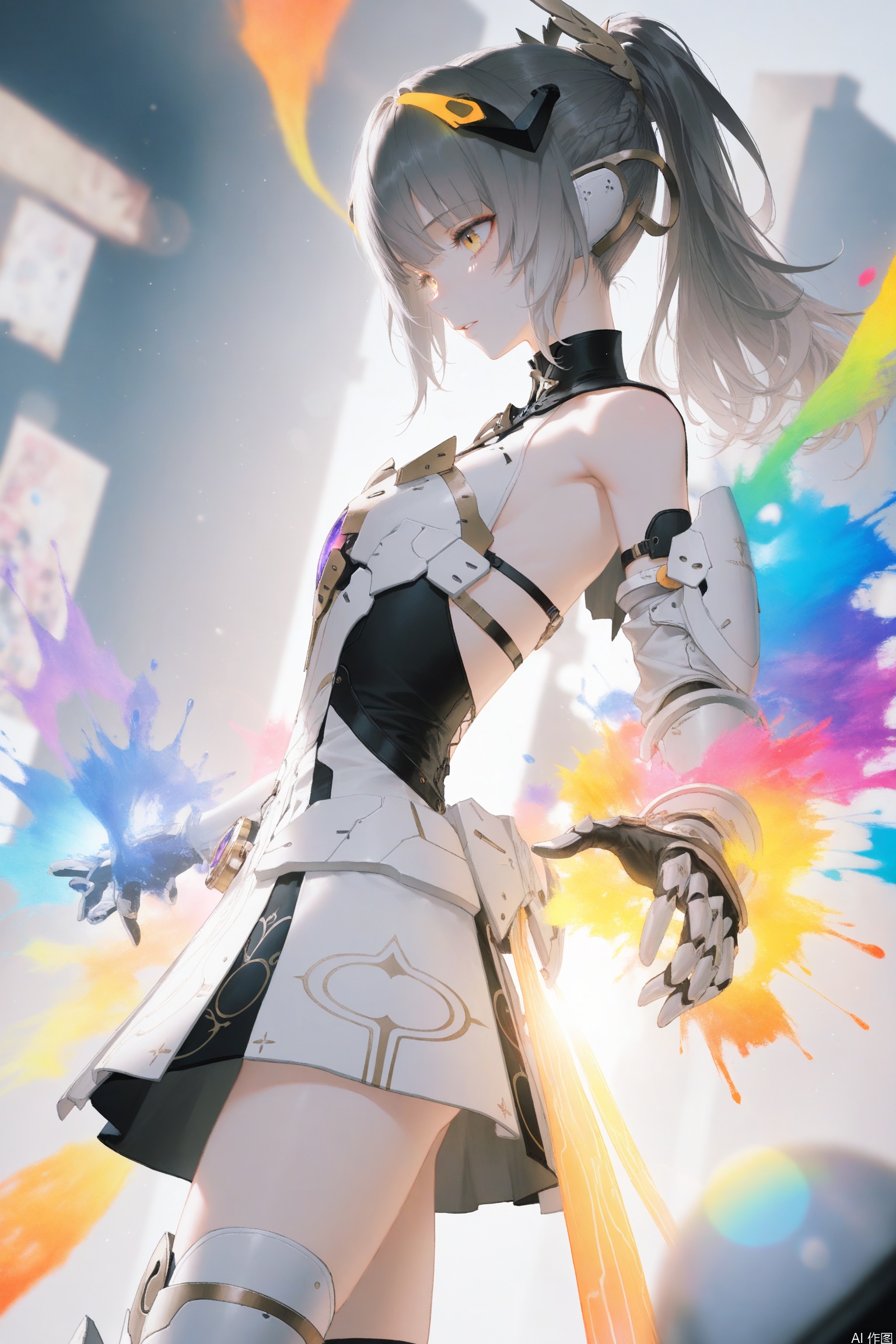 nanami/punishing gray raven,1girl, solo, long hair, bangs, thighhighs, dress, bare shoulders, yellow eyes, ponytail, grey hair, armor,3d,loli
depth of field, light particles, lens flare, (artist:quasarcake:0.8),extreme aesthetic,(wlop:0.6), wanke,rella,wanke,masterpiece,best quality,good quality,newest ,year 2024, year 2023, very aesthetic,absurdres,Visual impact, A shot with tension, ultra-high resolution,32K UHD,sharp focus,best quality,masterpiece,Emotionalization masterpiece, unconventional supreme,masterful details,with a high end texture,in the style of fashion photography, (Visual impact:1.2),giving the poster a dynamic and visually striking appearance,impactful picture,offcial art,colorful ,splash of color, movie perspective, masterpiece,best quality,amazing quality,very aesthetic,absurdres,best quality,newest,